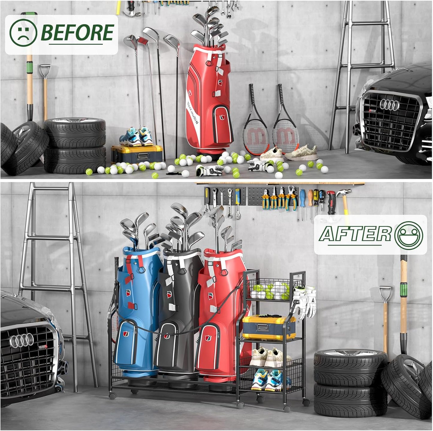 Golf Bag Storage Rack for Garage with Wheels, Organizer for Golf Bag and Equipment Accessories, Golf Organizer Stand Ideal for Home, Garage, Club, Shed, Basement - Sturdy and Durable (Black)