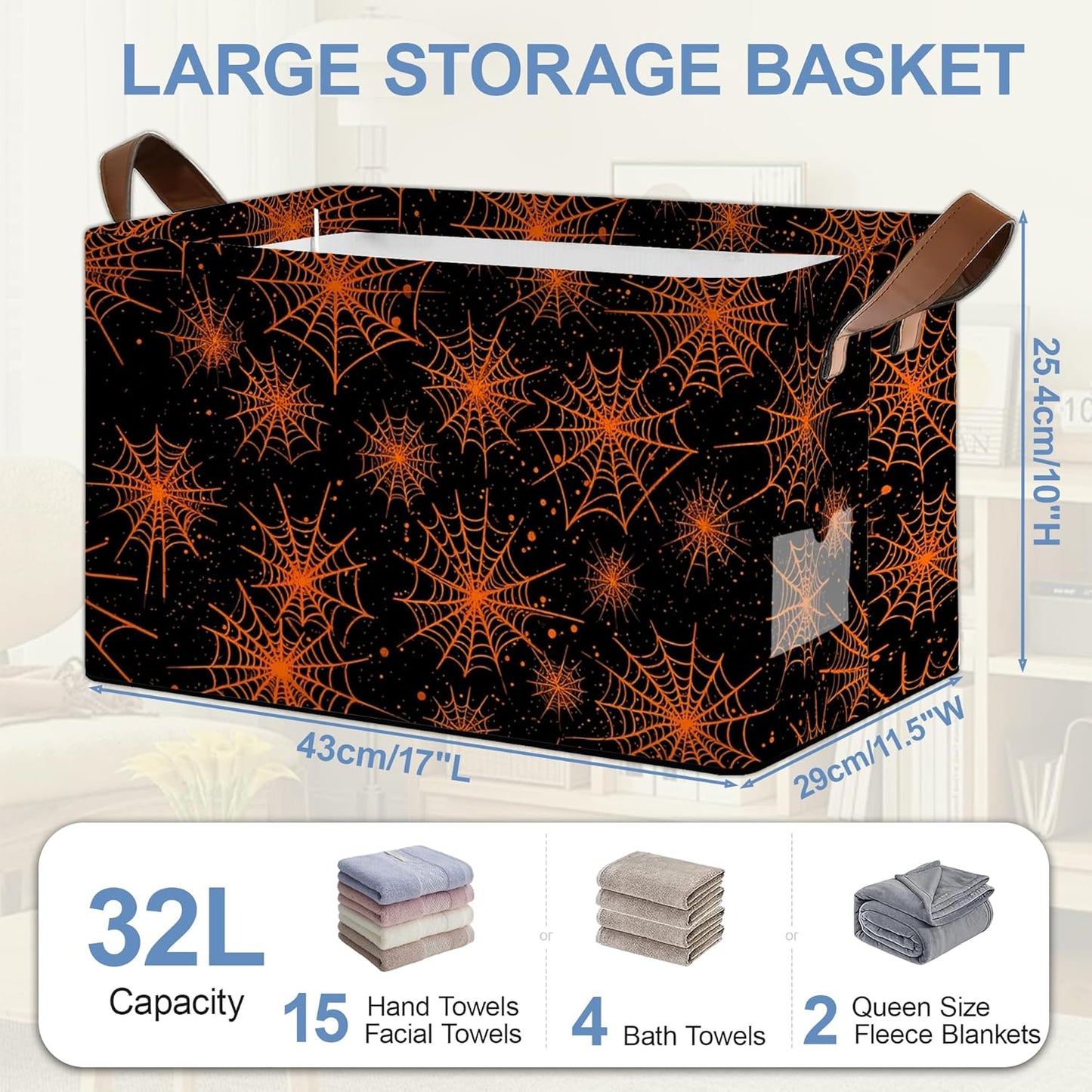 Halloween Storage Basket,Spider Web Collapsible Storage Bin Cubes for Living Room Bedroom Blankets Home Storage 17x11.5x10Inch