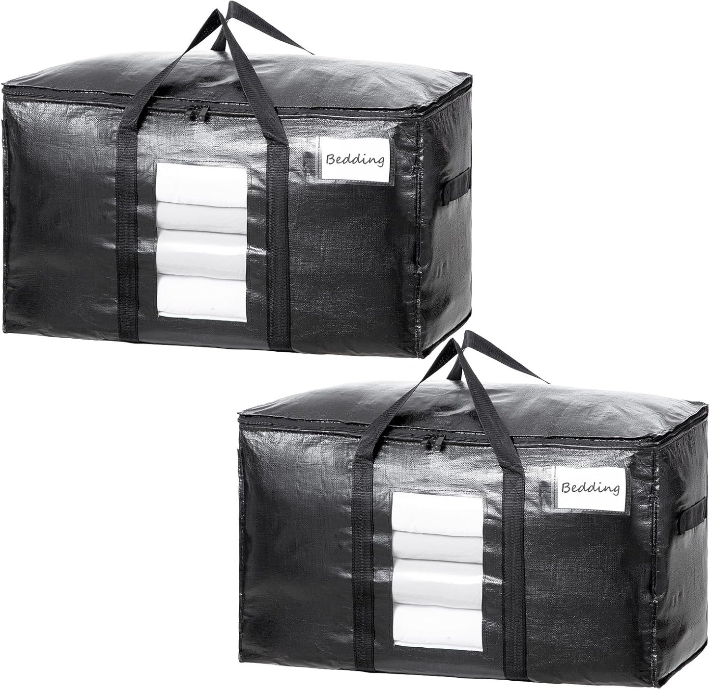 TAILI Extra Large Moving Bags, 2 Pack Black Heavy Duty Totes for Storage with Visible Window, Wrap Around Handles, Storage Bags for Space Saving, Alternative to Moving Boxes