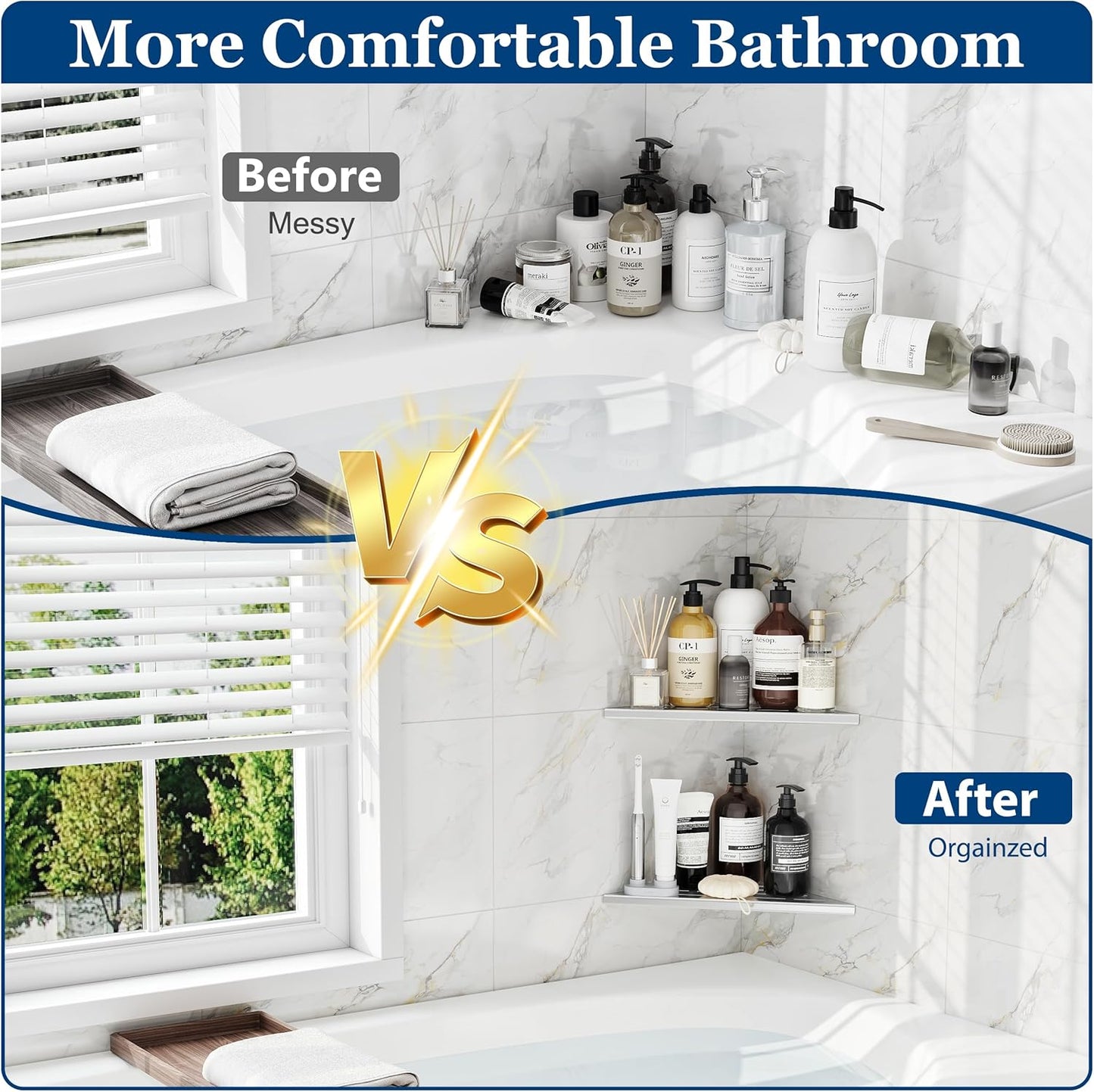 Corner Shower Shelves, 10” Recessed Tile Shower Shelf, 304 Stainless Steel Grout in Corner Tile Shower Shelves, No Drilling, Matte Black, 2 Pack
