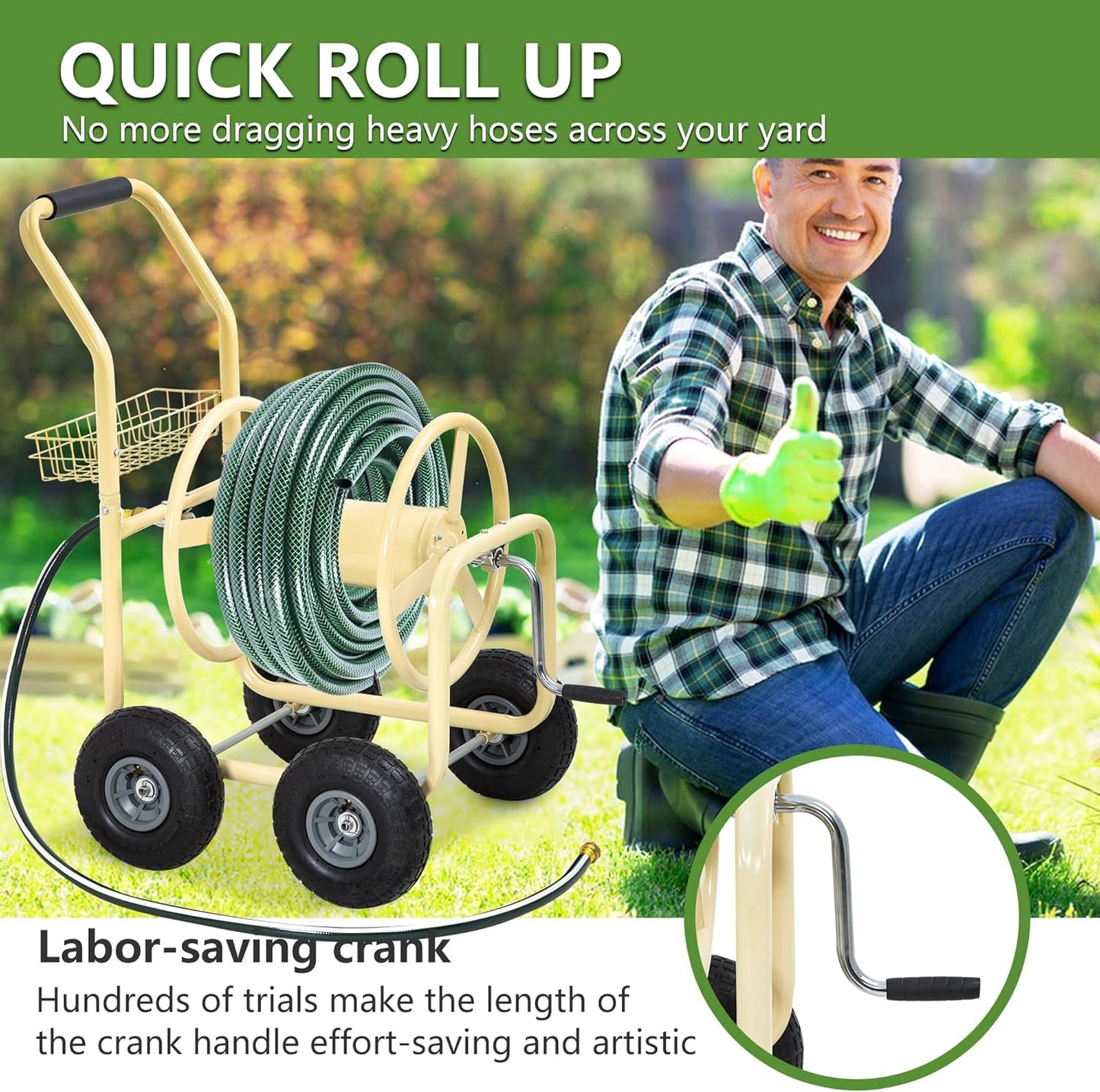 Hose Reel Hold Up To 300 Ft Heavy Duty Garden Hose Reel Sturdy Water Hose Reel Cart with 4 Wheels Storage Basket for Garden Lawn Yard Outdoor (Tan)