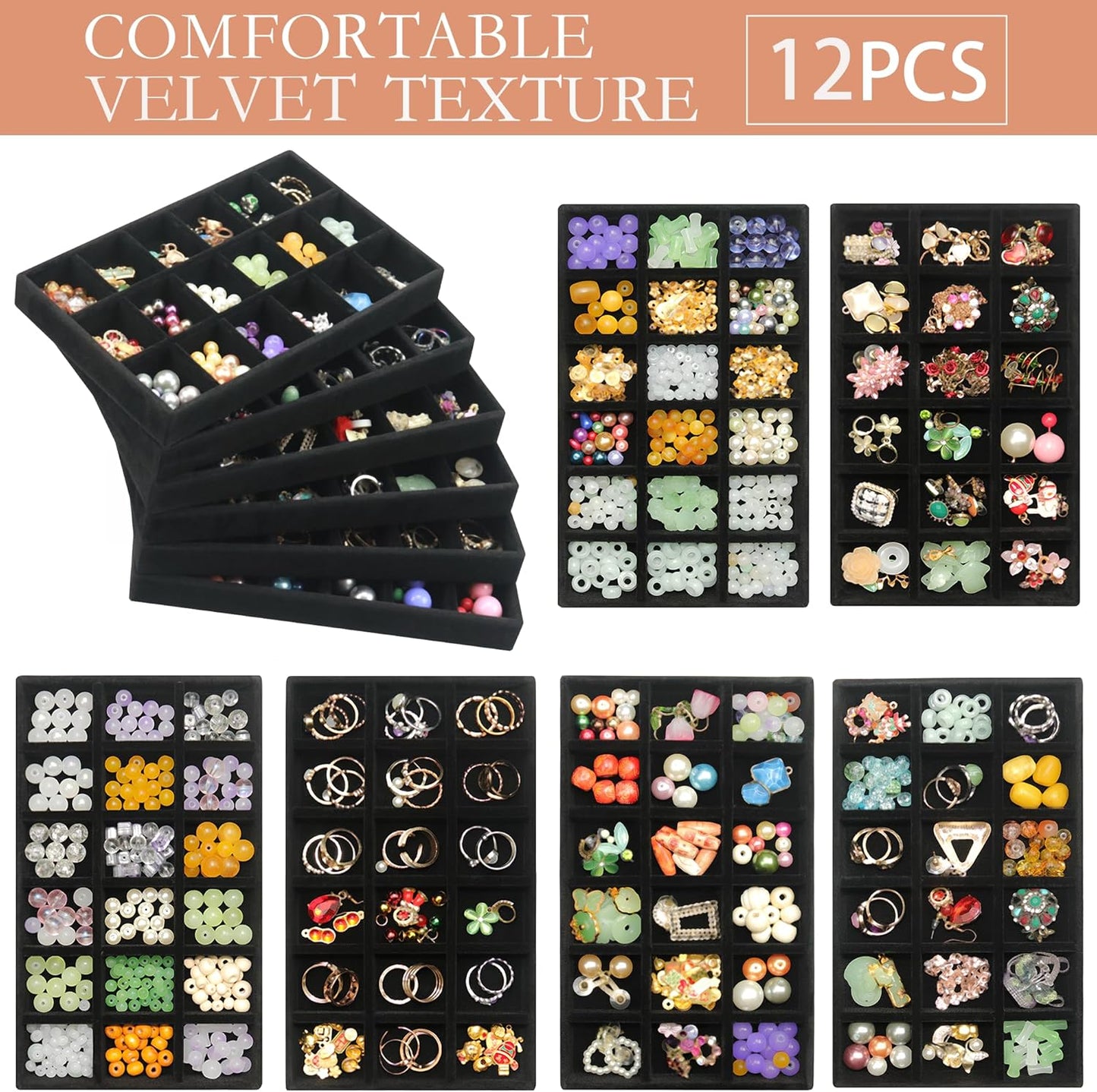 216 Grids Jewelry Drawer Organizer Tray 12 Pack Stackable Velvet Jewelry Trays Removable Dividers for Earring Rings Storage Plate