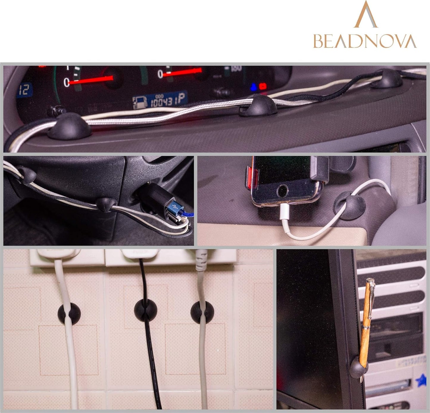 BEADNOVA Cable Clips Cord Organizer Cable Management Wire Cord Holder 2 Slots Adhesive Wire Holder for Car Charging Accessory PC Office Home (Black, 8 pcs)