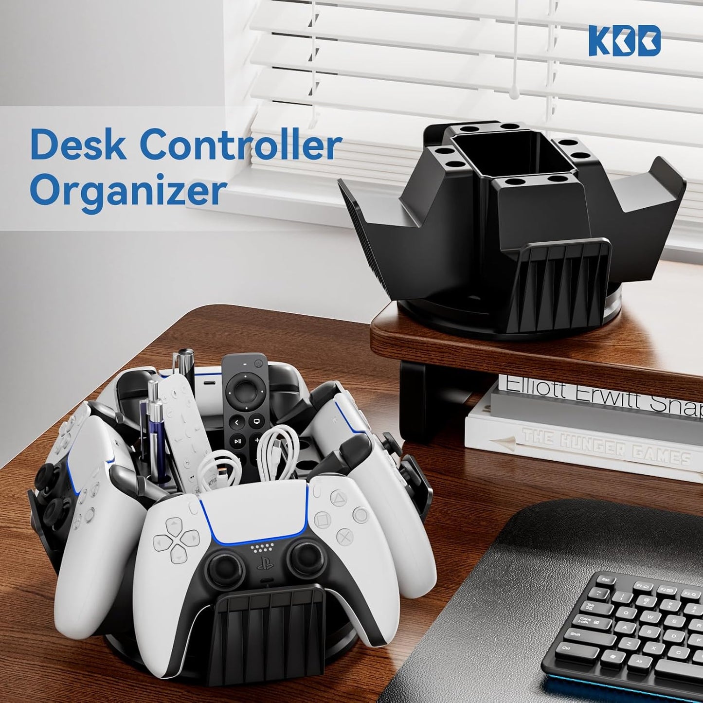 KDD Controller Organizer for Desktop - 360°Rotatable Controller Holder with Storage Box - Universal Stand for 4 Controllers, Desk Organizer for Switch Remote Control Pen Gamer Accessories