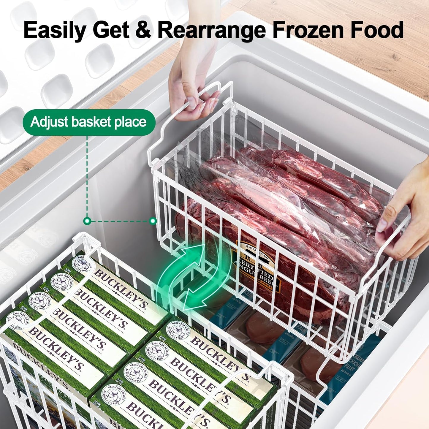 Freezer Organizer Bins, 2 Pack Stackable Deep Chest Freezer Organizer Bins, Foldable Baskets with Handles, White Storage Container Baskets for 5/ 7 Cu.FT Sort Frezen Meats