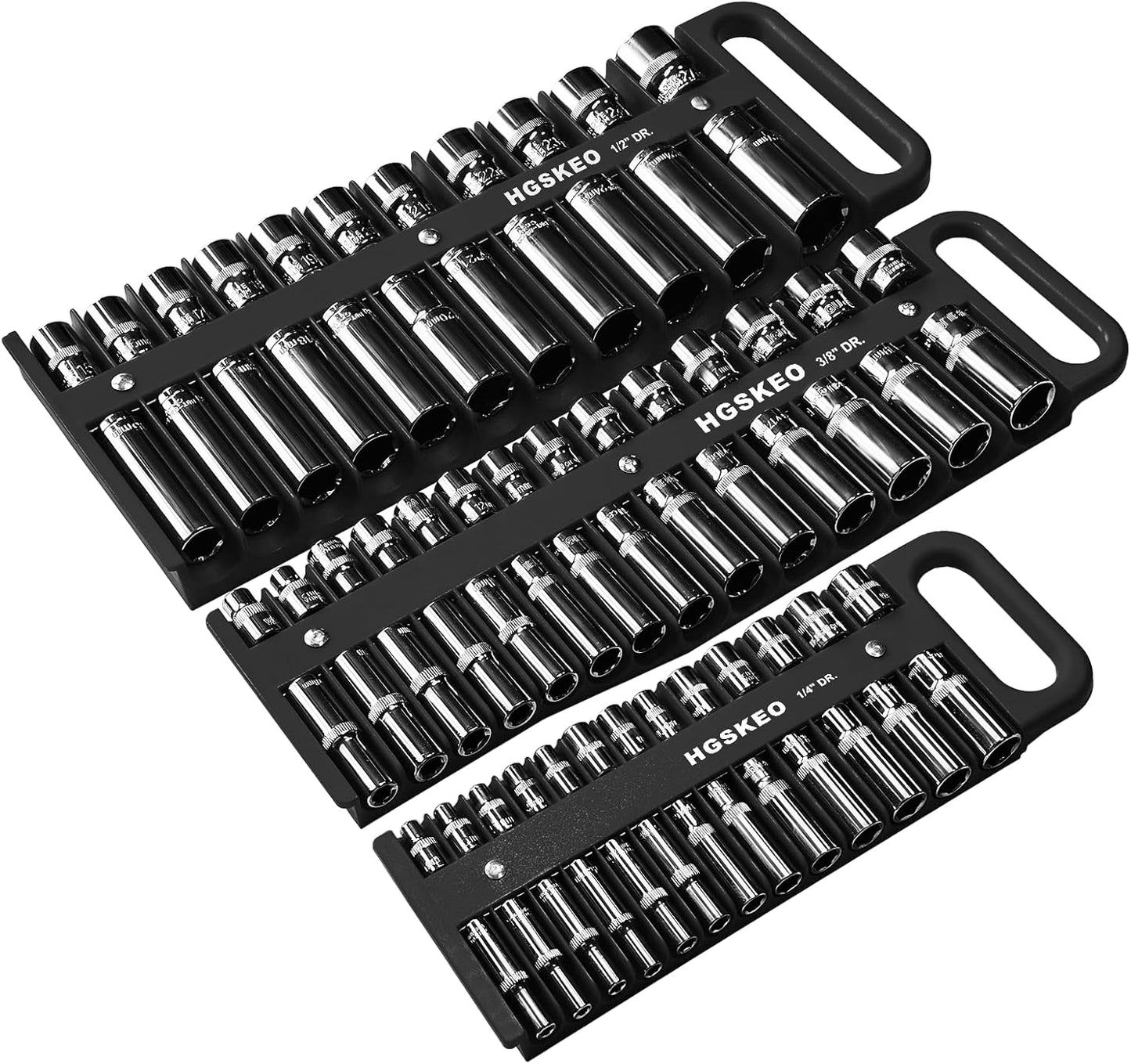 Magnetic Socket Holder Set with Handle, Portable Socket Organizer, Heavy Duty Socket Racks, 76 standard Sockets for Tool Box (Black, 3 Pcs Set-1/4", 3/8" & 1/2")