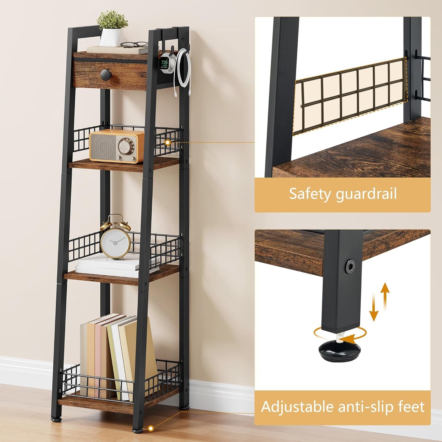 4-Tier Narrow Bathroom Table Ladder Shelf with Drawer, Bathroom Stand Floor Storage Shelf, Freestanding Tower Shelf Ladder -Rustic Brown.