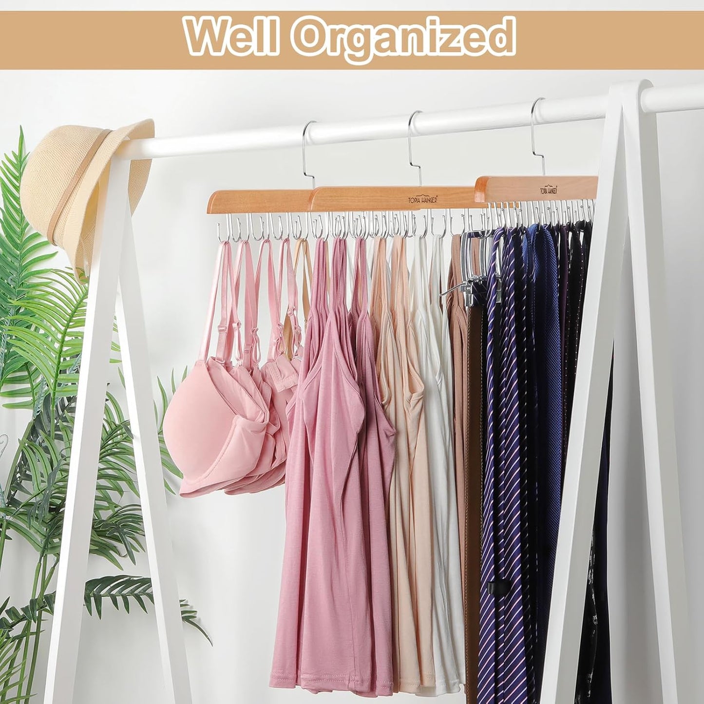 TOPIA HANGER Bra Hanger for Closet, Tank Top Hangers 20 Hooks Capacity Foldable Wood Space Saving Hangers Closet Organizer for Bra, Tank Top, Scarf, Belt, Tie, Hoodie etc - CT46N