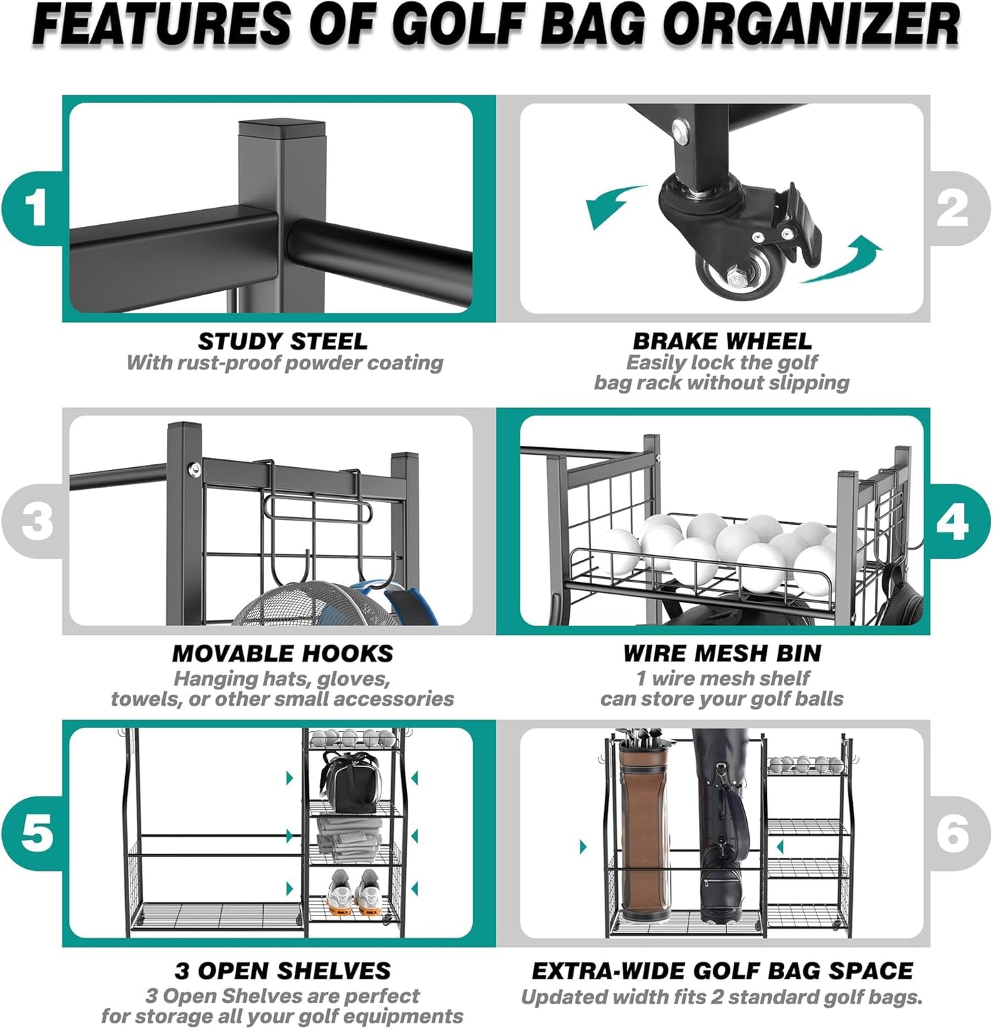 EVERHANGER Golf Bag Storage Organizer, Freestanding Golf Bag Holder Stand, Heavy Duty Golf Storage Rack for Garage, Club