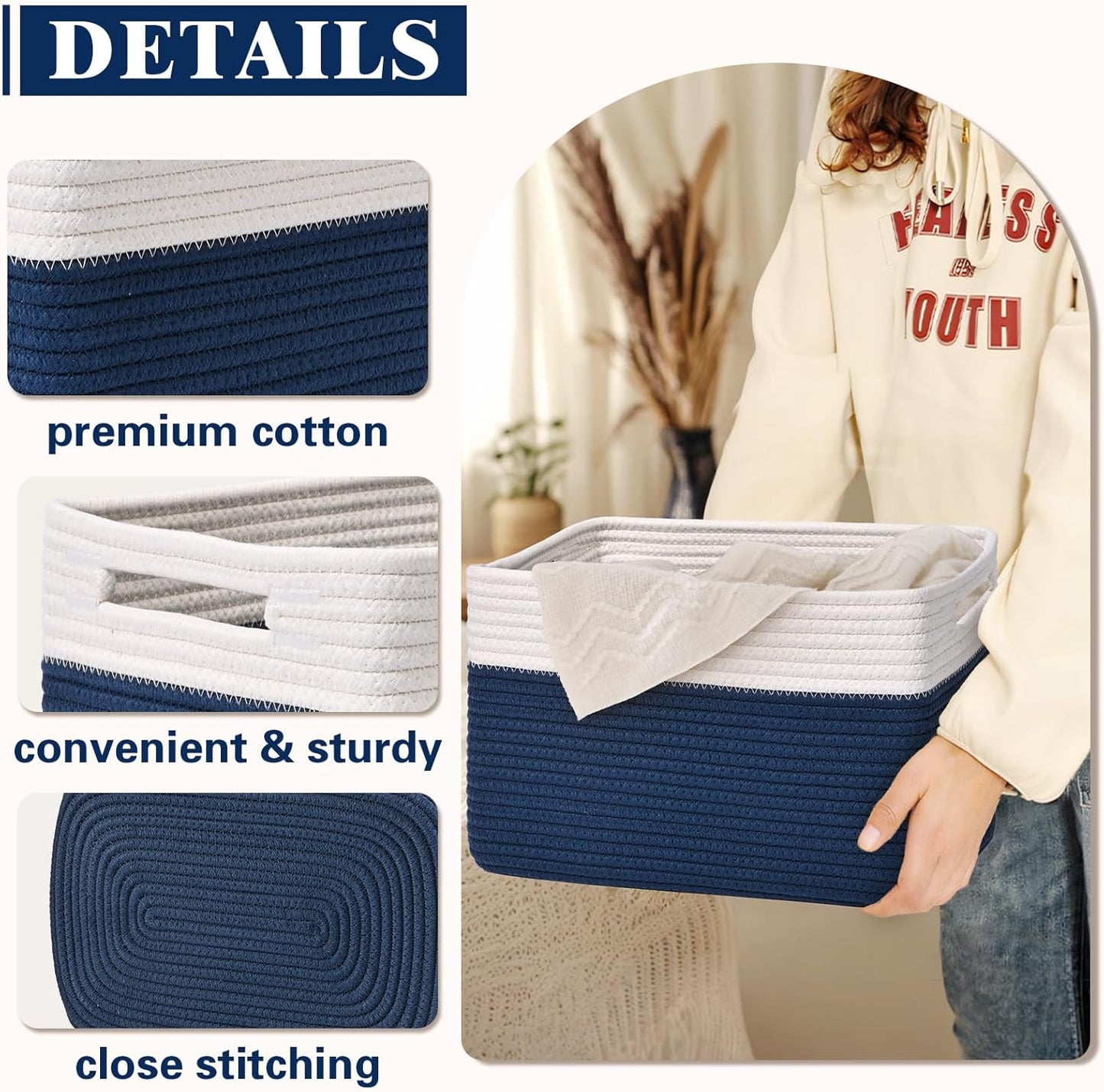 Storage Baskets for Organizing, 4 Pack Storage Baskets for Shelves, Woven Basket for Shelves, Closet Organization, Rectangle Organizer Basket Gifts Empty, 13"Lx8.7"Wx7.9"H Decorative Bins with Handles