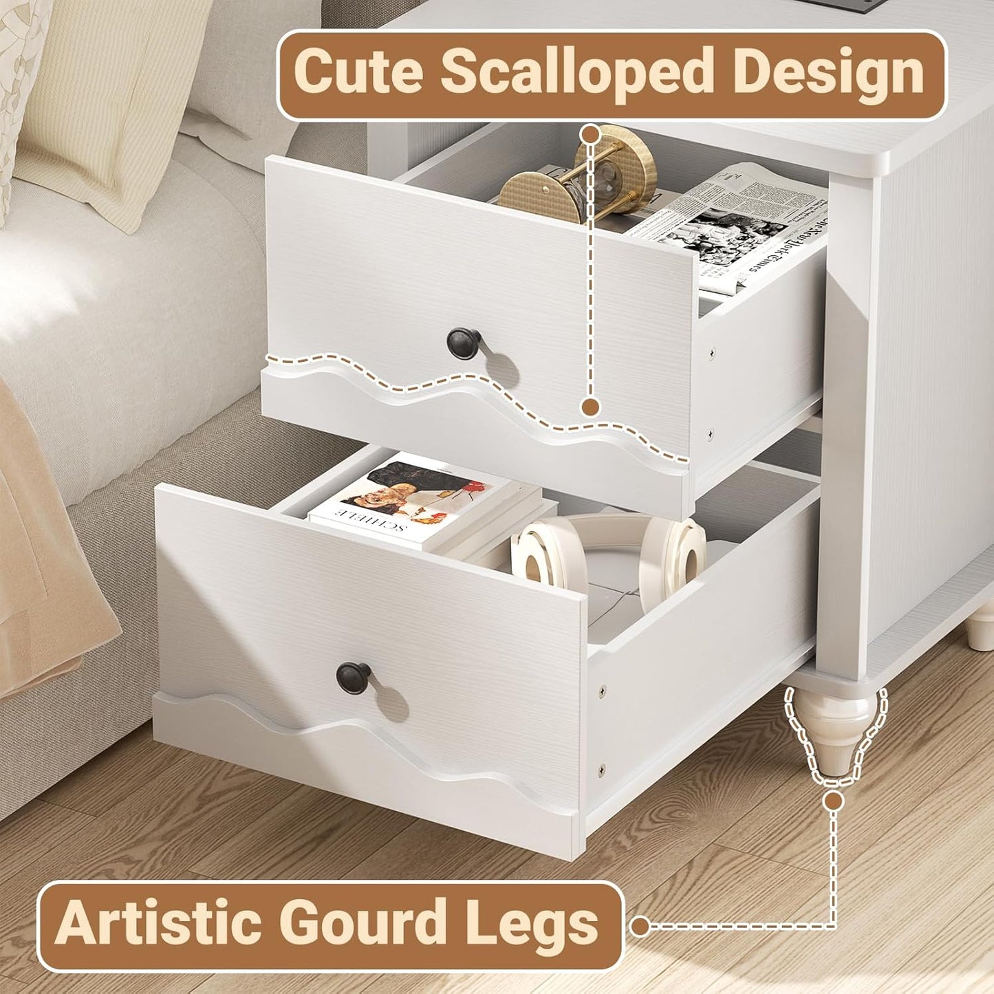Cyclysio Nightstand Set of 2 with Charging Station, Side End Table with 2 Drawers, Modern Wood Night Stand Set 2 with Scalloped Pattern for Bedroom, Bedside Night Tables with Solid Wood Gourd Legs