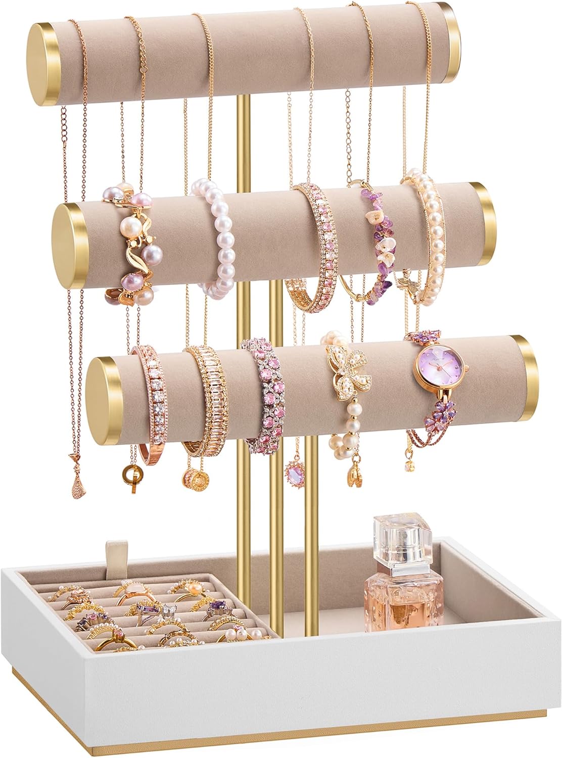 SONGMICS Bracelet Holder Stand, Jewelry Display Stand, Jewelry Organizer, with 3 Tiers and Velvet Tray, Removable Ring Holder, Christmas Gift, Cloud White and Camel Brown UJJS027A01