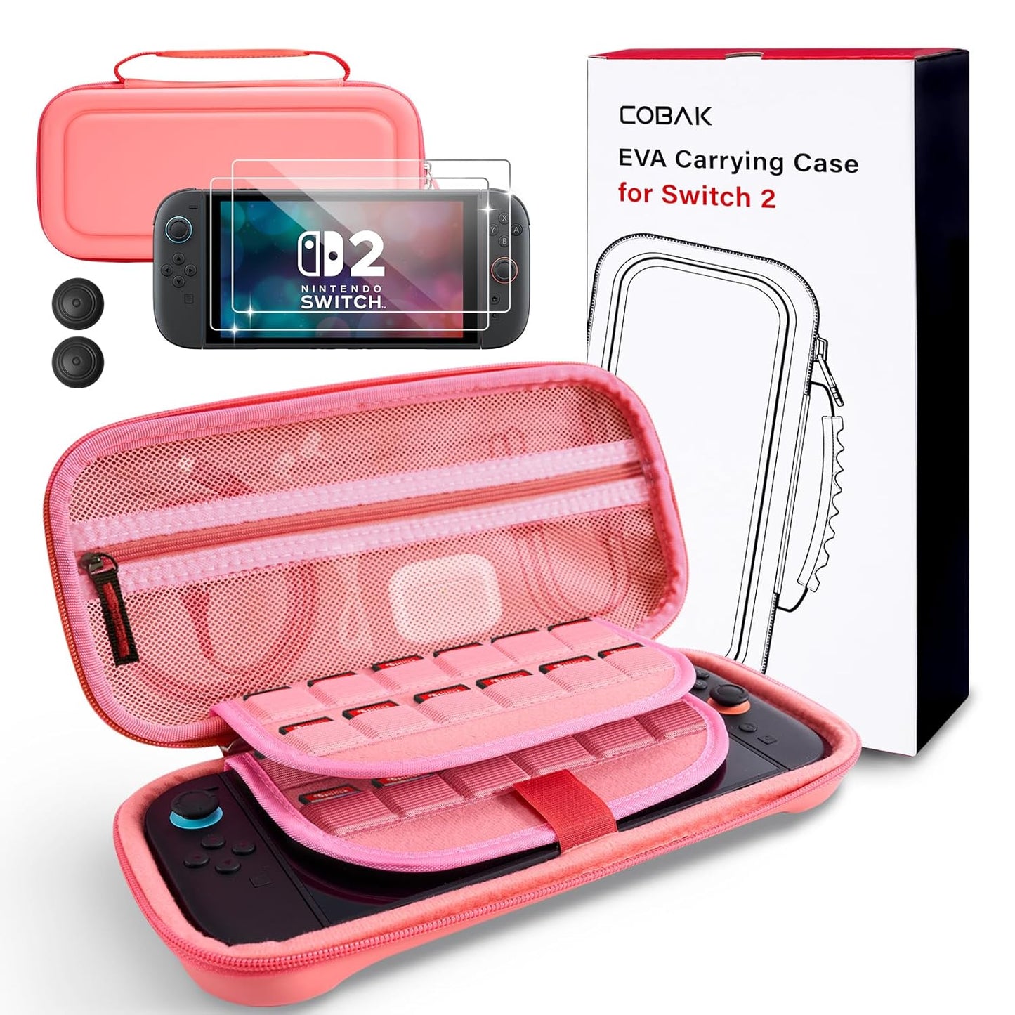 CoBak Large Capacity Carrying Case for Nintendo Switch 2 (2025) - 3 in 1 Accessories Bundle with 2 Screen Protectors, Thumb Grip Caps, 24 Game Cartridges, Hard Shell Portable Travel Pouch, Pink