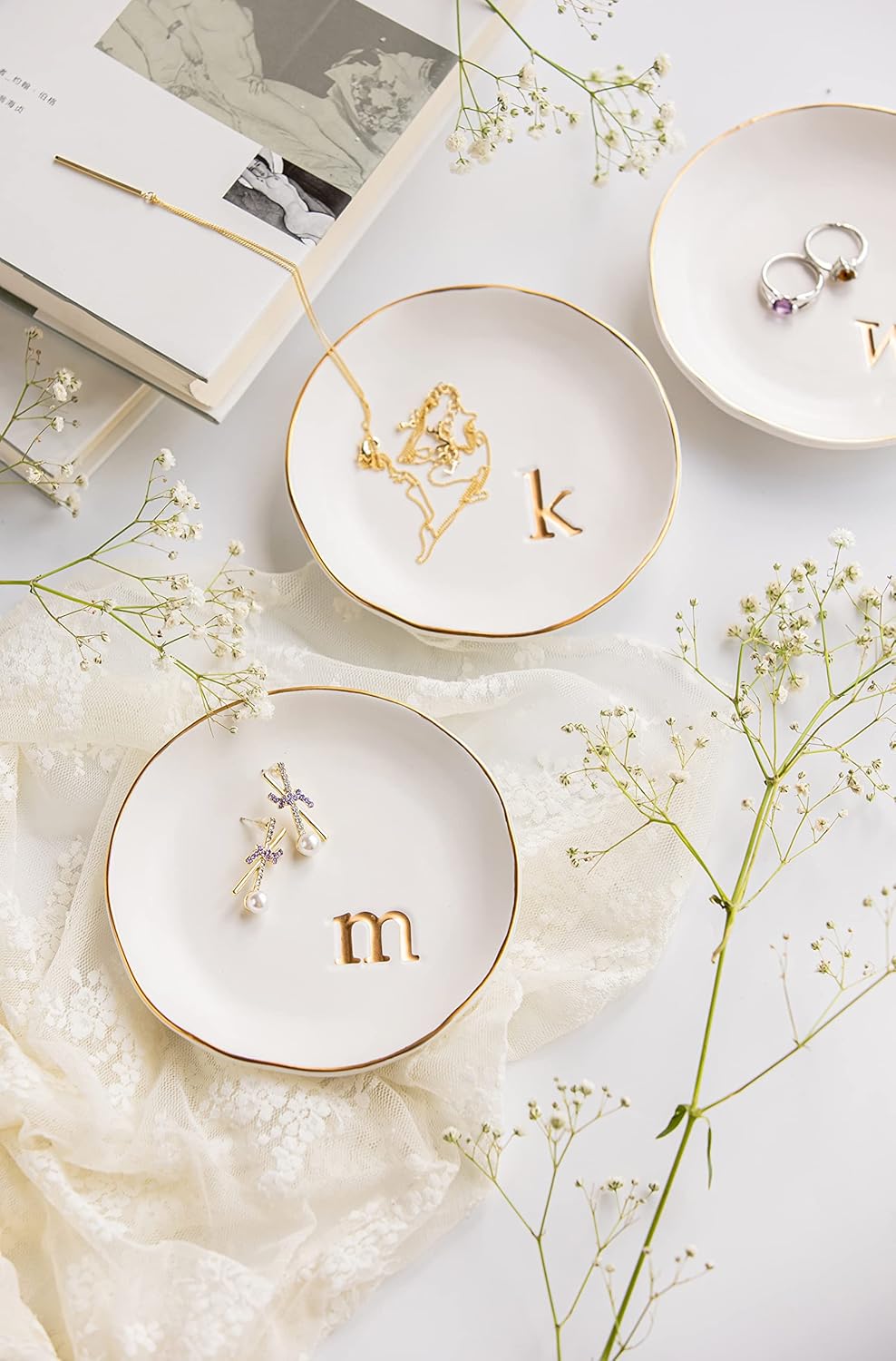 COLLECTIVE HOME - Ceramic Jewelry Tray, Decorative Trinket Dish for Rings Earrings Necklaces Bracelet Watch Keys, Birthday Mother's Day Christmas Gift for Women, 4.75", White Surface (P)