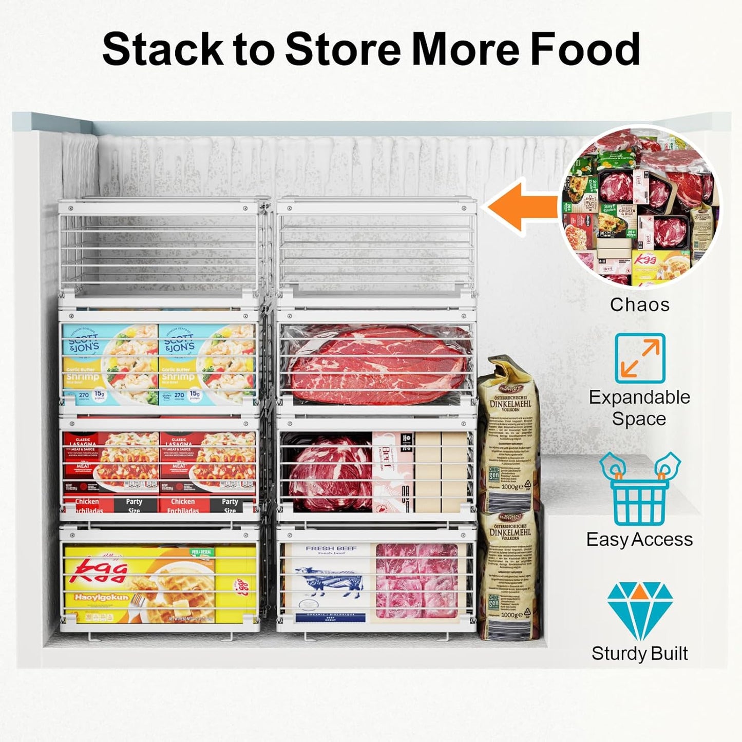 iSPECLE Freezer Organizer Bins - Fit 10 to 20 Cu.FT Deep Freezer, 4 Pack Large Expandable Stackable Chest Freezer Organizer Sort Frozen Food and Easily Get with Handle, Improve Air Circulation, White