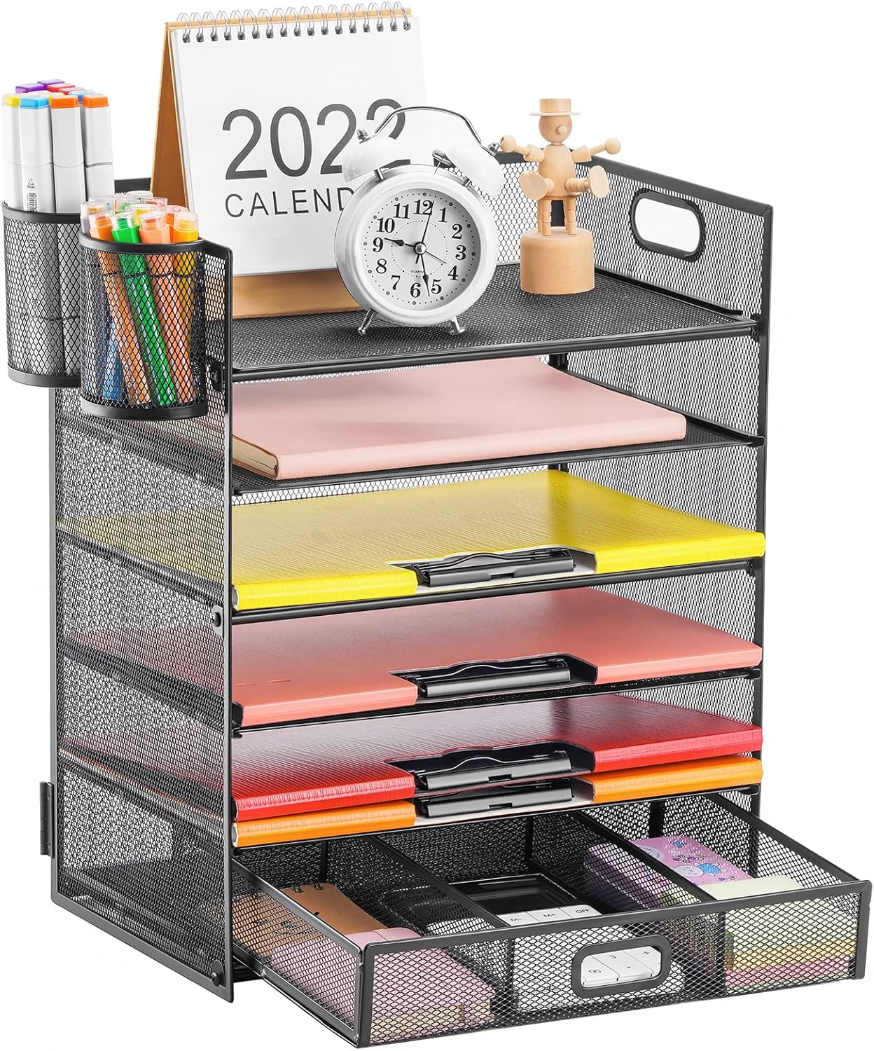Lavatino 6-Tier Paper Organizer Letter Tray with Drawer - Mesh Desk File Paper office Supplies Sorter Organizer for Office, Home or School File Folder Holder - Black