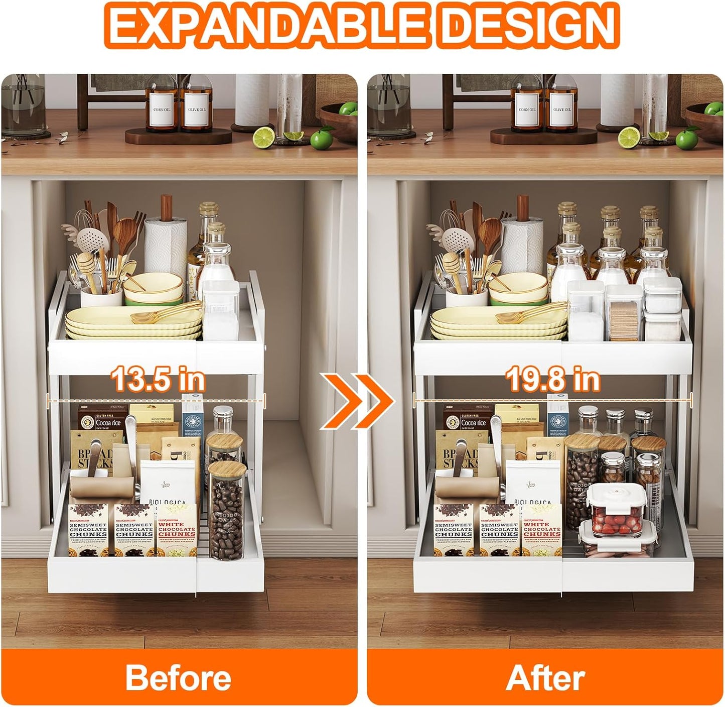 Golener 2-Tier Expandable Pull Out Cabinet Organizer - Slide Out Drawers for Kitchen Cabinets, Bathroom Organizers and Storage, Under Sink Organizer for Kitchen Storage Organization, White Metal Frame