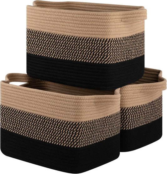 Storage Basket for Organizing, Woven Baskets for Storage, Rectangle Decorative Baskets for Shleves, Closet, Toys, Books, Nursery Organizer Bins - Pack of 3 (Black & Brown, 15.75"x11.8"x9.85")