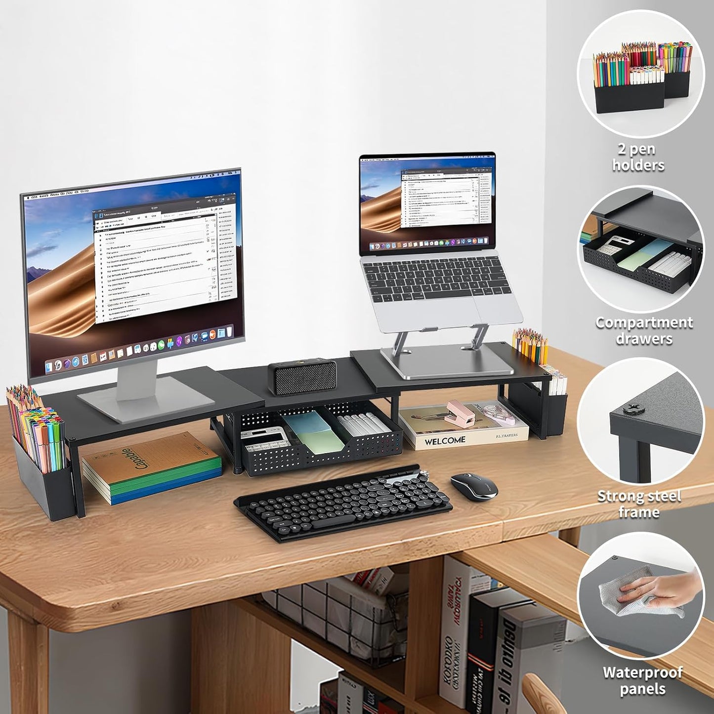 OPNICE Wood Desk Organizers and Accessories, Dual Monitor Stand Riser with Drawer and 2 Pen Holders, Desk Shelf Computer Racks for Office Workspace Organizers, Desktop Organization (Black)