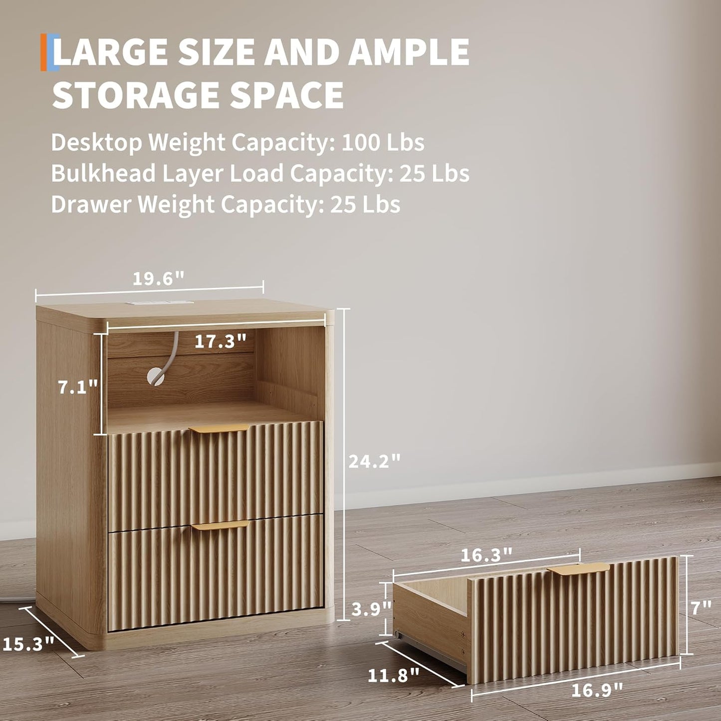Fluted Nightstand Set of 2 with Charging Station, Bedside Table with 2 Drawers and Open Storage Space, Metal Handles and Rounded Corners for Safety, Mid Century Modern End Table, Bedroom, Living Room
