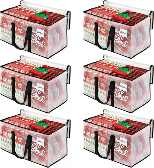 BlissTotes Moving Bags, 6-Pack Storage Bags, Moving Bags Heavy Duty Extra Large, Moving Totes, Clear moving Bags, Reinforced Handles & Tag Pocket, Christmas Totes (76L)