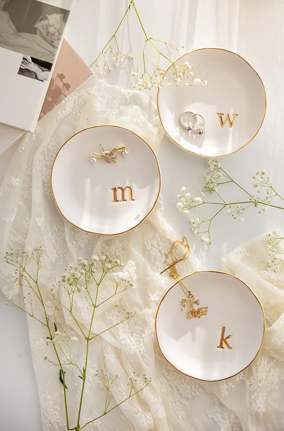 COLLECTIVE HOME - Ceramic Jewelry Tray, Decorative Trinket Dish for Rings Earrings Necklaces Bracelet Watch Keys, Birthday Mother's Day Christmas Gift for Women, 4.75", White Surface (E)