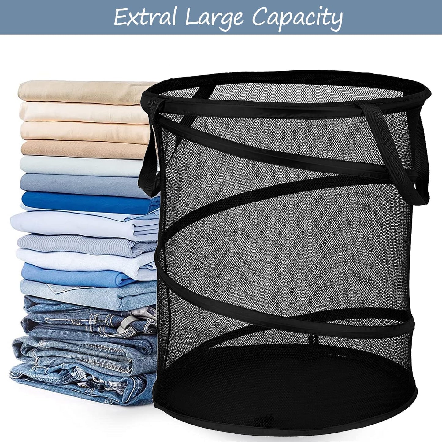 BATTOO Mesh Collapsible Laundry Baskets, Foldable Pop Up Laundry Hamper, Extral Large 113L Laundry Basket Hamper for Laundry, Bathroom, Kids Room, College Dorm, Travel, Camping Black