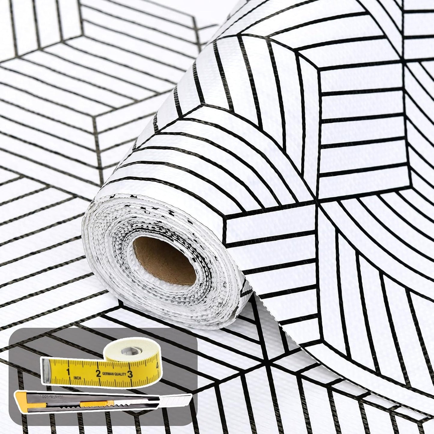 Shelf Liners for Kitchen Cabinets 17in x 30FT, Non Adhesive Cabinet Liner Strong Non-Slip Thickened Black White Geometric Drawer Liner, Easy to Clean for Shelf, Cabinet with Knife and Tape Measure