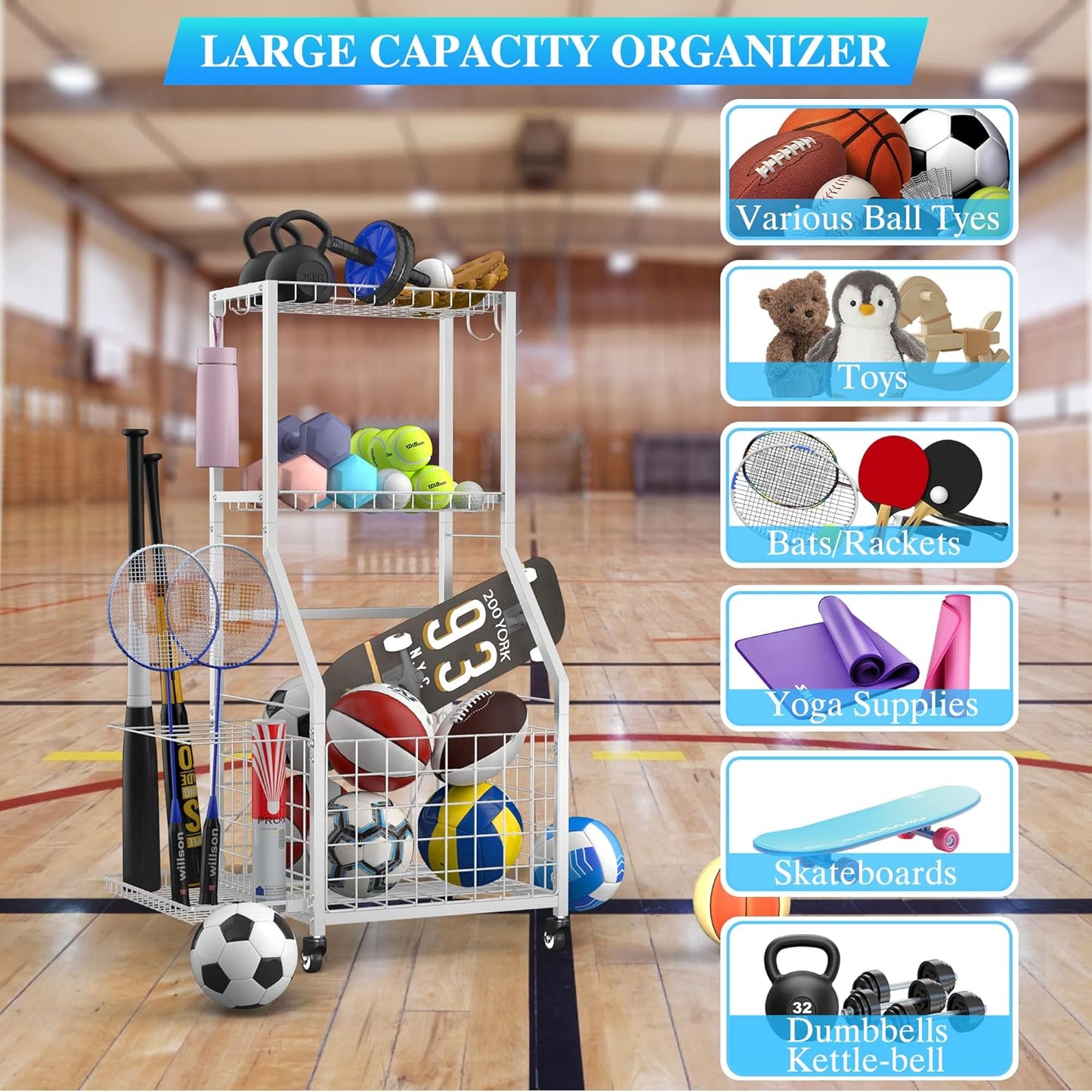 Sports Equipment Garage Organizer,Garage Ball Storage Rack with Wheels-Upgraded 3 Layers Sport Toy Organizer Rack Outdoor Basketball Racks for Balls with Holder and Hooks