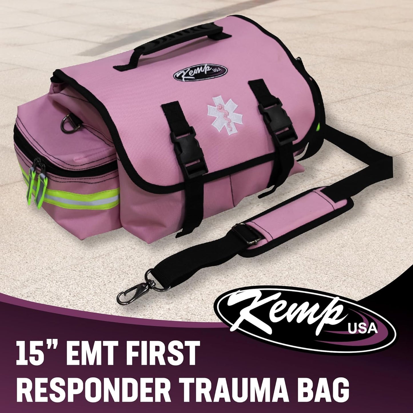 Kemp USA EMT First Responders Trauma Bag - First Aid Kit & Survival Gear with High Visibility Reflectors for Rapid First Aid & Medical Response Survival Tools Organizer - Pink