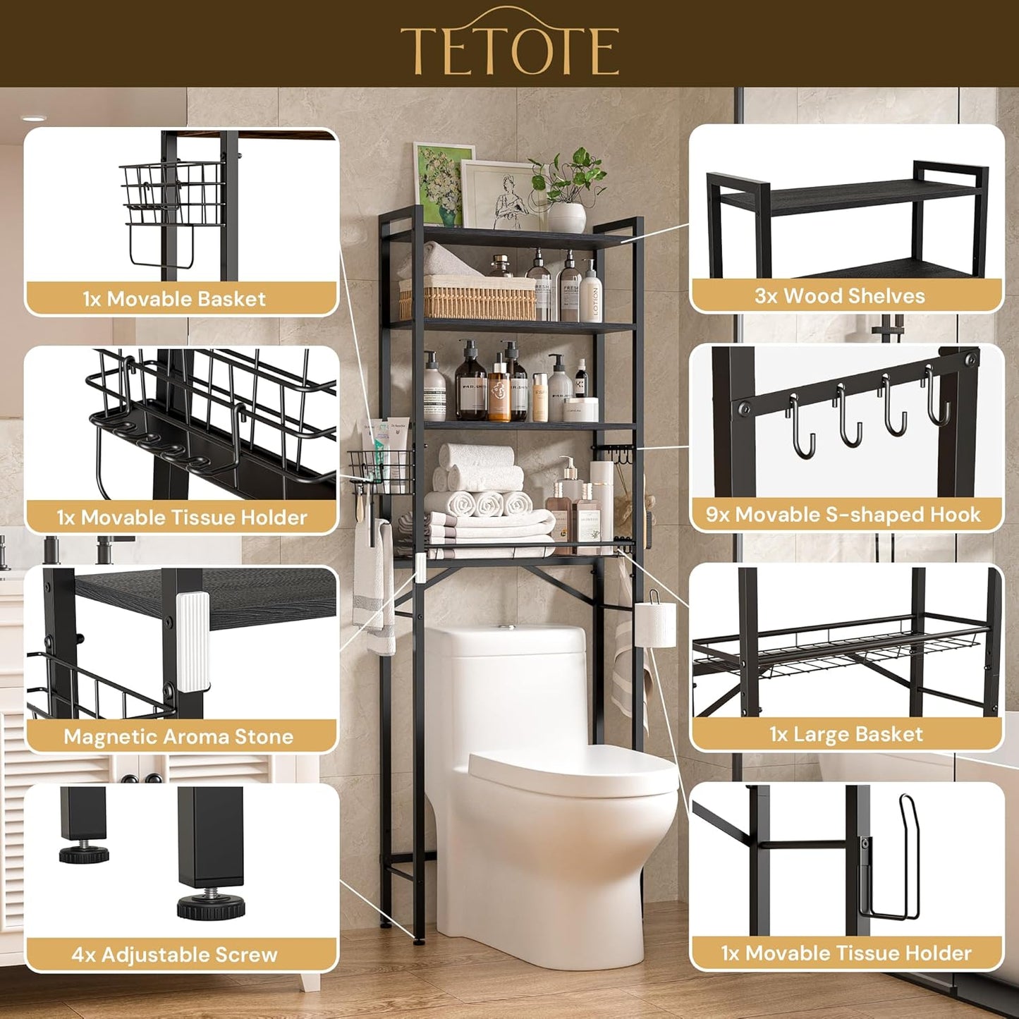 TETOTE Over Toilet Bathroom Organizer, 4-Tier Bathroom Over The Toilet Storage with Adjustable Shelf and Basket, Freestanding Space Saver Bathroom Shelves Above Toilet for Room(Black)