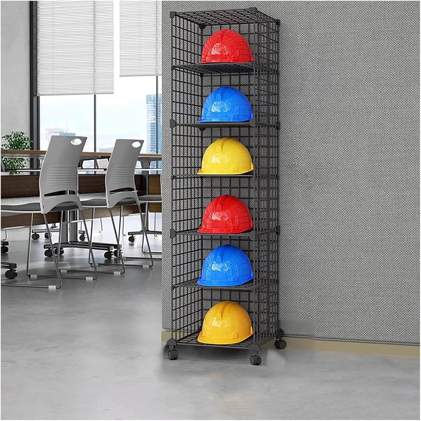Stackable Safety Helmet Storage Boxes, Large Adjustable Hard Hat Placement Organizer Rack,with Wheels,for Construction Site/Garage/Workshop/Factory Helmet Display Shelf (Black, 6 Grids-1 * 6)
