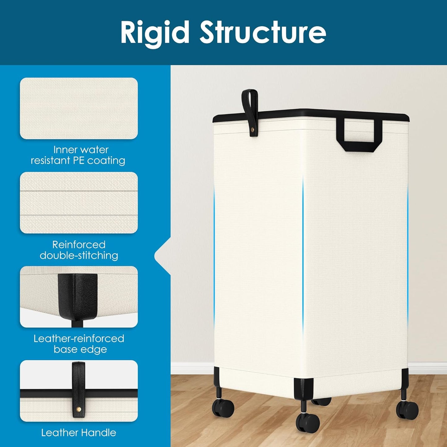 2Pcs Laundry Basket with Wheels 105L, Large Rolling Laundry Hamper with Removable Bag, Metal Frame Collapsible Dirty Clothes Bin, Cloth Organizer Hampers Pull Handle for Bathroom, Dorm, Bedroom White