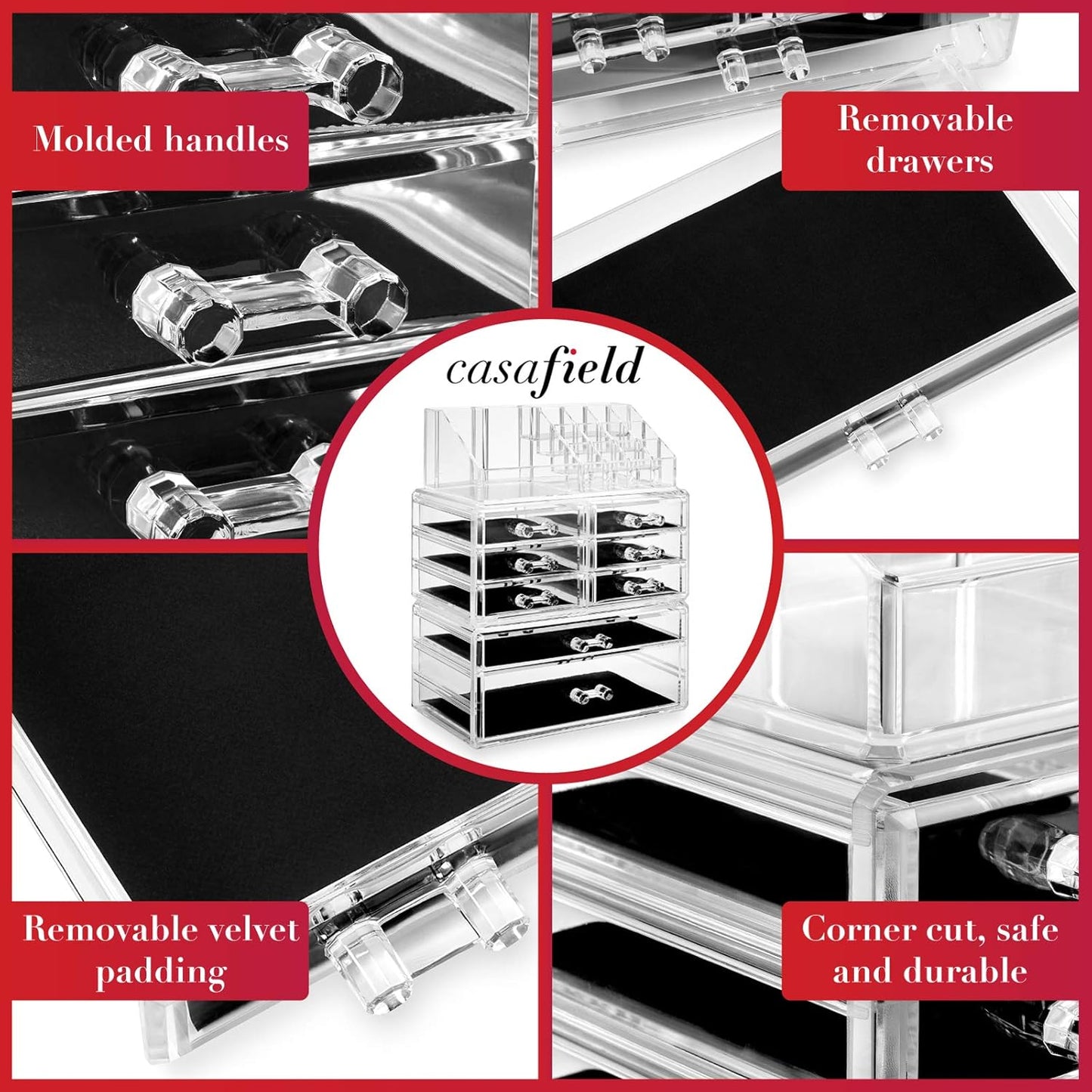 Casafield Acrylic Cosmetic Makeup Organizer & Jewelry Storage Display Case - 3 Piece Drawer Set - Clear