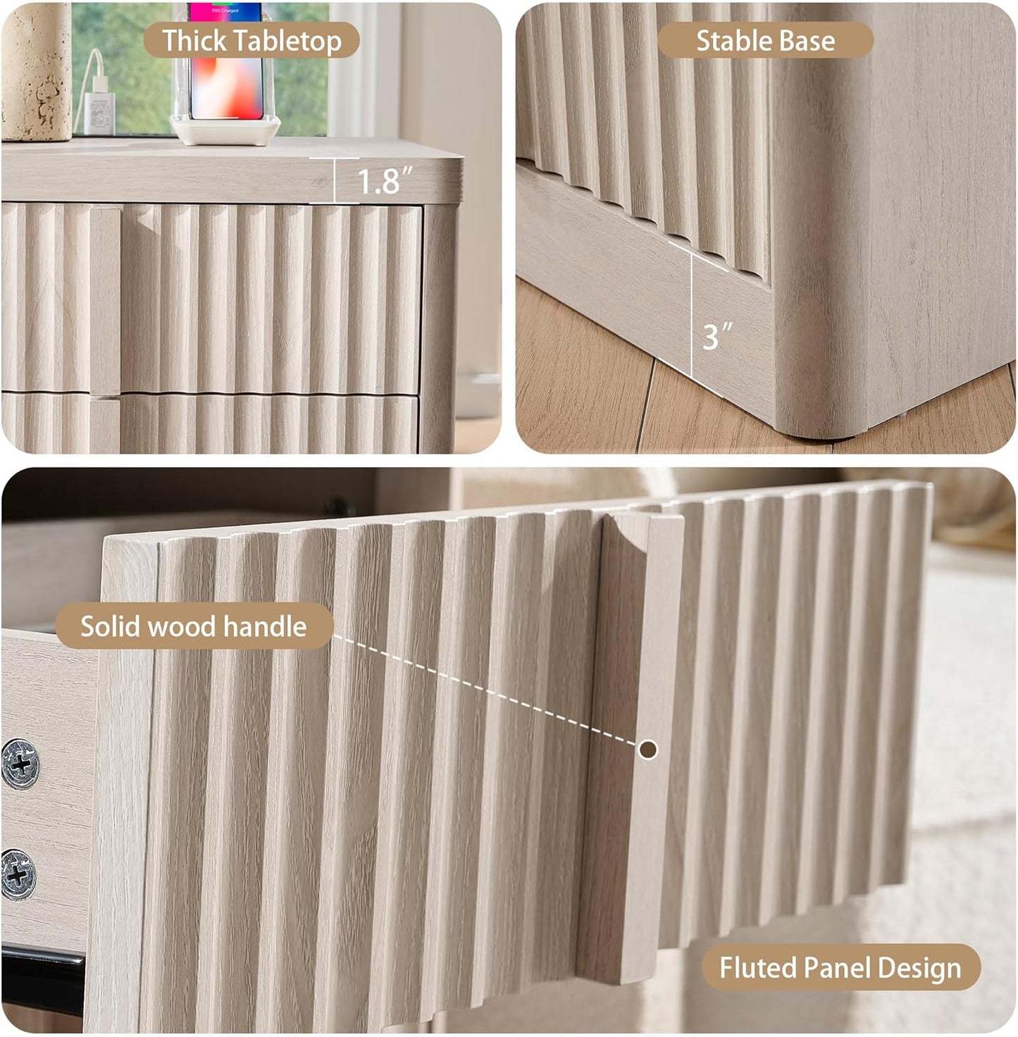 23.6" Nightstand with Charging Station, Side Table with 3 Large Storage Drawers, Mid Century Modern Night Stand with Solid Wood Handle, Bedside End Table for Bedroom, Living Room, Closet