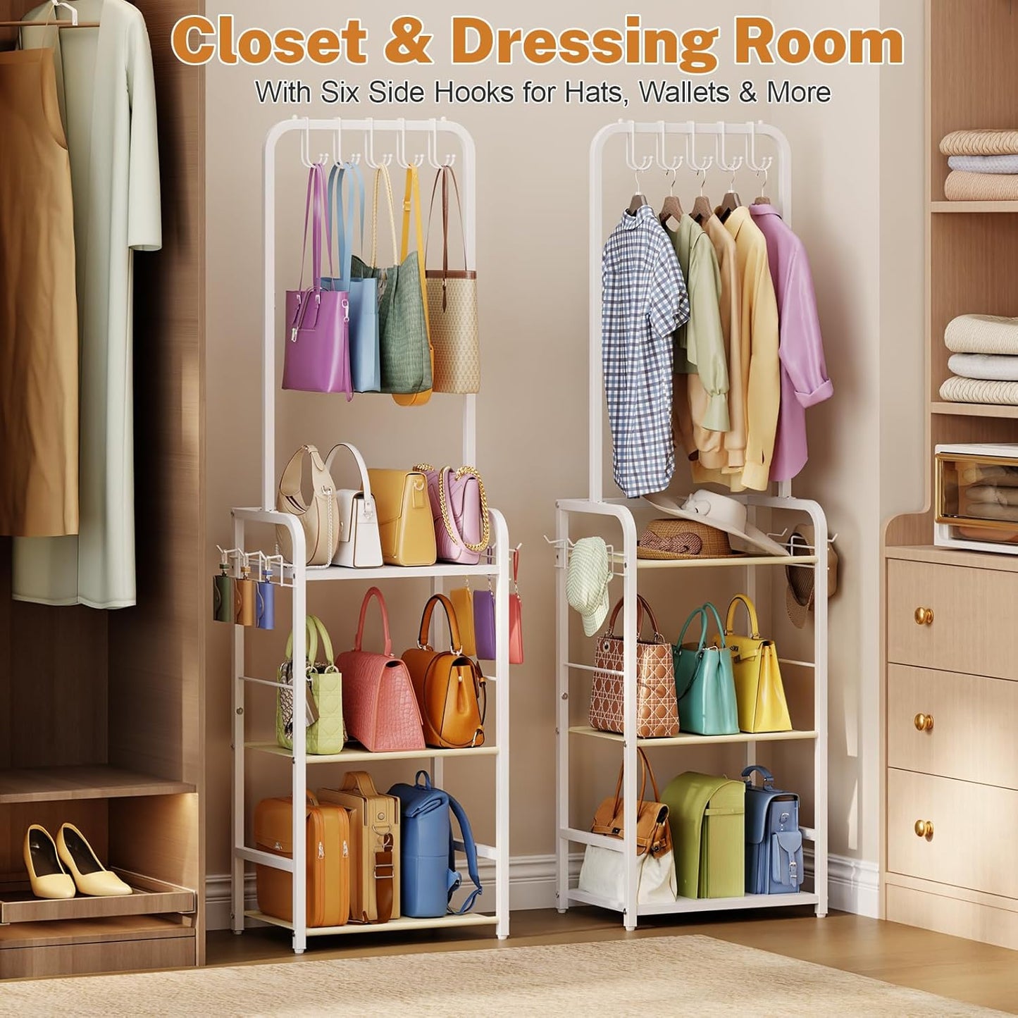Tall Purse Organizer for Closet with 5 Purse Hanger & 6 Side Hooks, 4 Tier Floor-Standing Purse Rack Stand for Purse Storage, Narrow & High-Capacity Handbag Organizer, Backpack Storage for Small Place