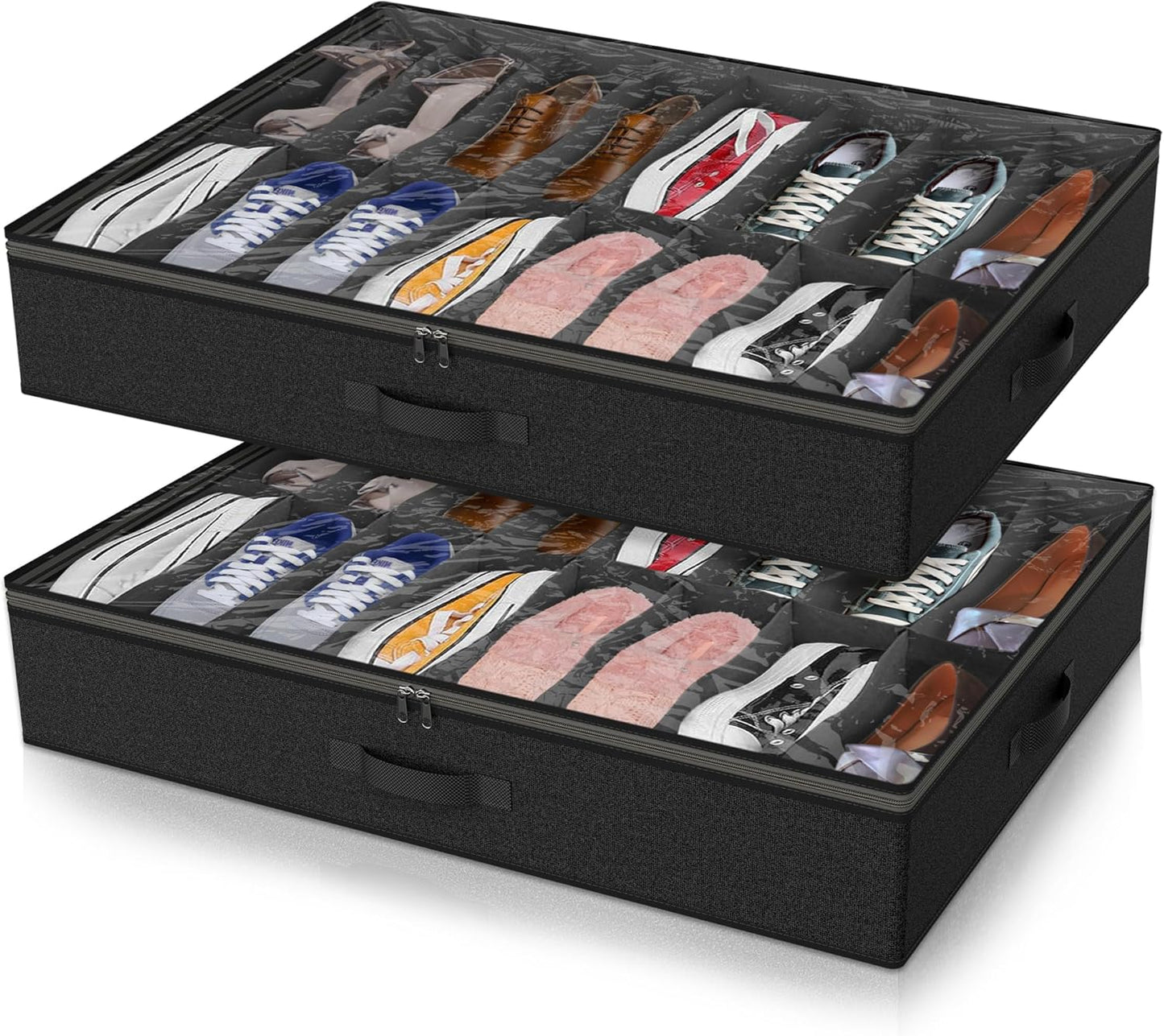 2 Pack Under Bed Shoe Storage Organizer for Closet, Fits Total 32 Pairs Foldable Underbed Shoes Containers Boxes Under the Bed Storage Bedding with Sturdy Handles&Clear Window for College Dorms, Black