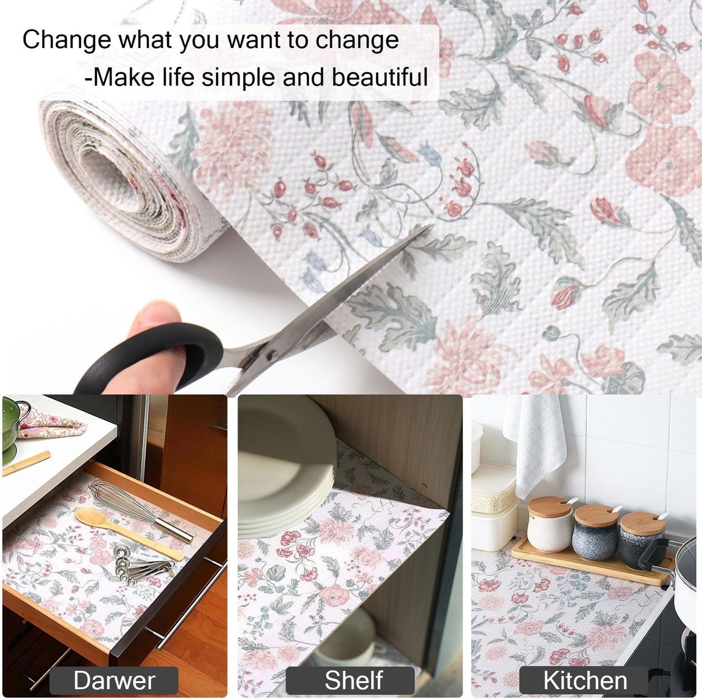 Floral Drawer and Shelf Liner for Cabinets, Non-Adhesive and Strong Non-Slip Shelf Cabinet Drawer Liners for Kitchen, Table,Bookshelves,Waterproof Cupboard Liners,Easy to Clean,12IN x 10FT