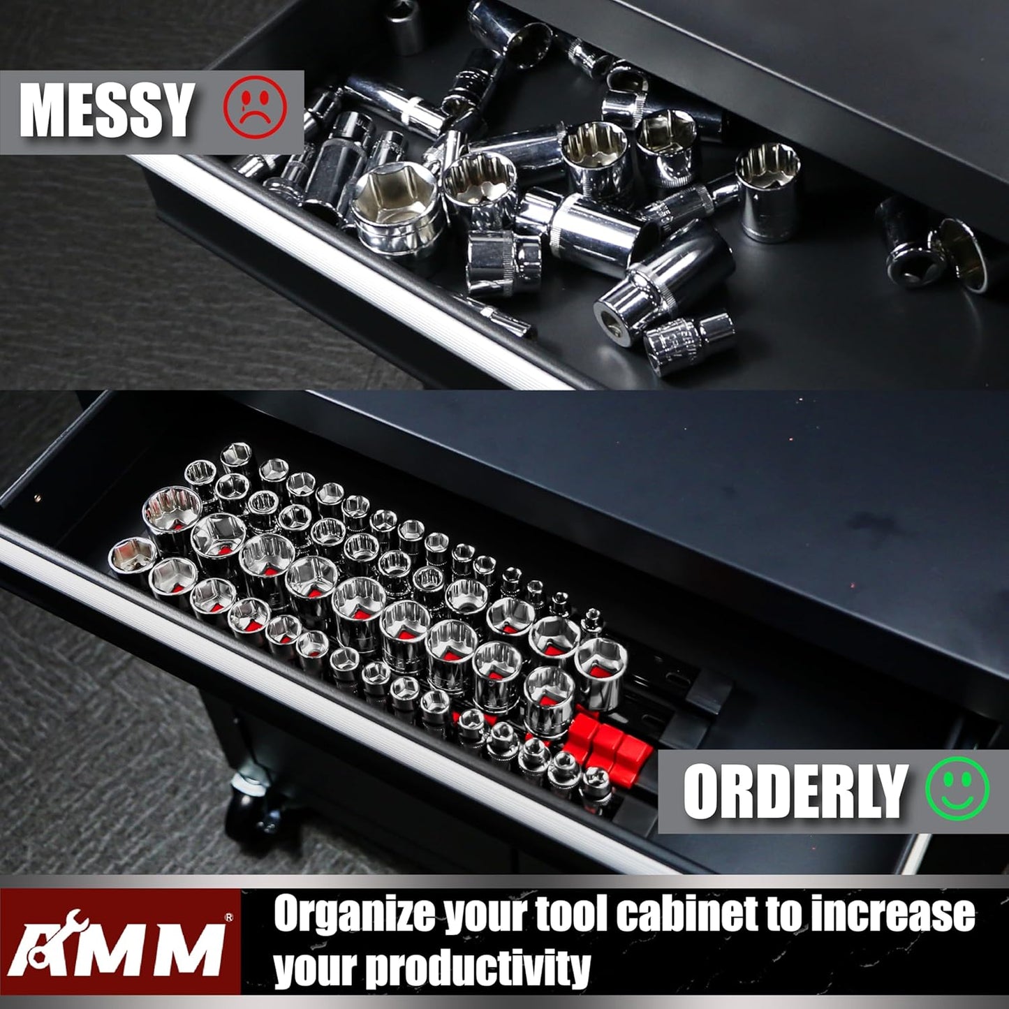 AMM 9-Piece Socket Organizer, 1/2, 3/8 & 1/4 inch Drive ABS Socket Holder, Heavy Duty Socket Racks