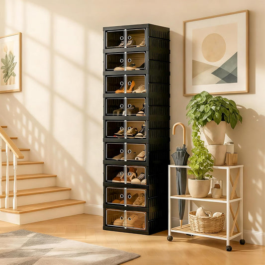 Foldable Shoe Organizer Storage Box, Portable Extra Large Folding Shoe Rack for Closet, Shoe Storage Box with Magnetic Transparent Door and Wheels, 9 Layers 18 Grids
