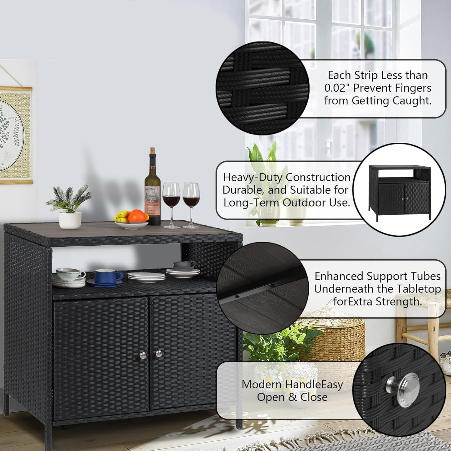 Garvee Patio Outdoor Wicker Storage Cabinet with Shelf, Powder Coated Steel, Patio Bar Table with 2-Door and Shelf, All Weather Resin Wicker, Patio Pool Garden Kitchen, Grey Table