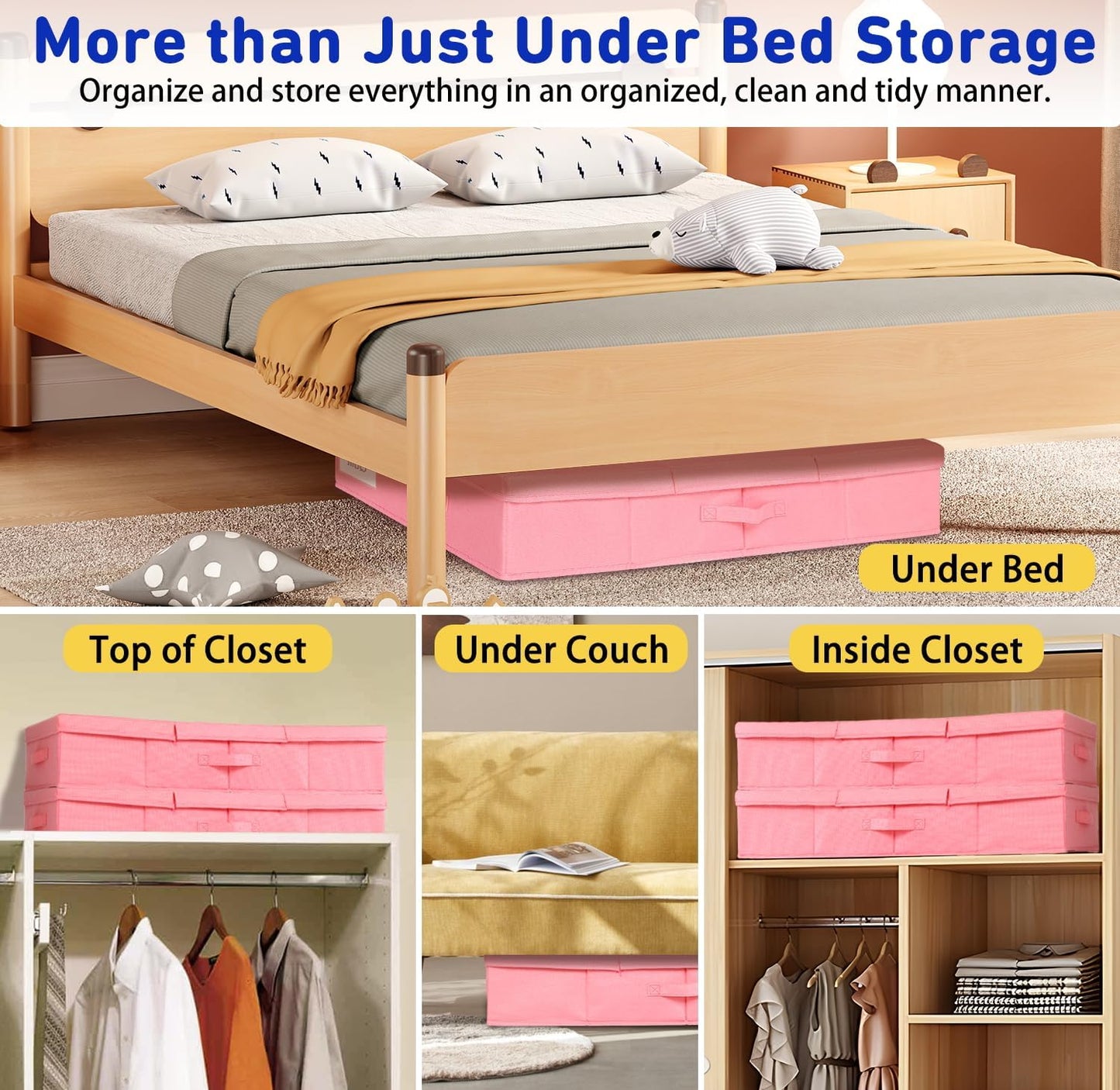 Under Bed Storage, Large Underbed Storage Containers with Lids, Foldable Clothes Storage Bins W/ Reinforced Handle for Bedroom Organization, Closet Organizers for Blanket, Shoe, Pillow -2 Pack, Pink