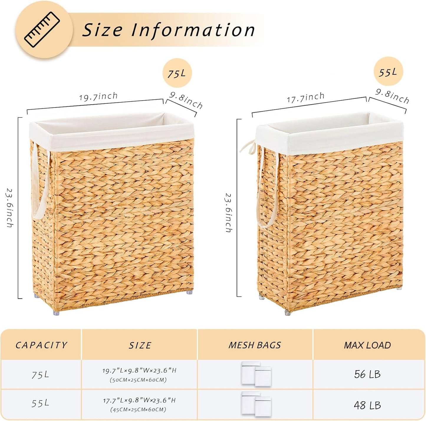 Handwoven Slim Laundry Hamper, 75L Narrow Laundry Basket, Natural Water Hyacinth Basket and Handles and Removable Liner Bag & 2 Mesh Bags (Natural, 75L)