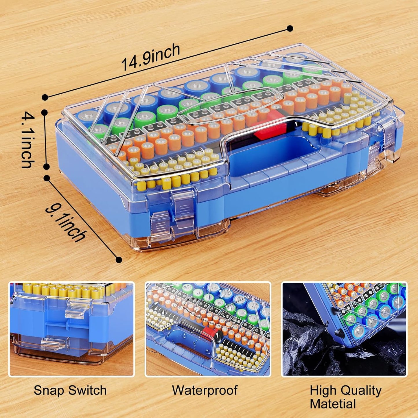 Battery Organizer Storage Holder Box Case with Tester, New Ultra-Large 285+Batteries Double-Sided Variety Pack, Holds AA AAA 4A C D 9V 3V Button Cell Lithium18650 CR2 CR123 CR1632 LR44 (Blue)