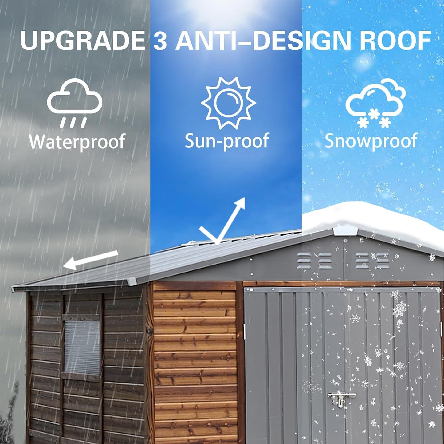 8x8 FT Outdoor Storage Shed with Windows, Wood & Metal Tool Shed Waterproof Storage House for Outside Patio, Backyard, Garden, 4 Vents (Without Floor) Wood Color