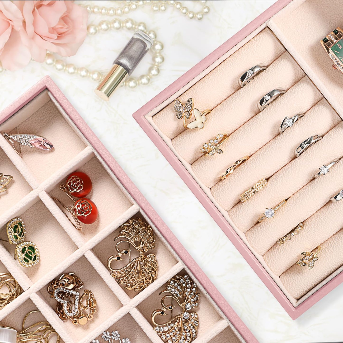 LANDICI Stackable Jewelry Organizer Trays 4 Set,PU Leather Jewelry Organizer Drawer,Jewelry Storage Display Tray for Earring Necklace Rings Bracelet with Removable Dividers,Rose Gold