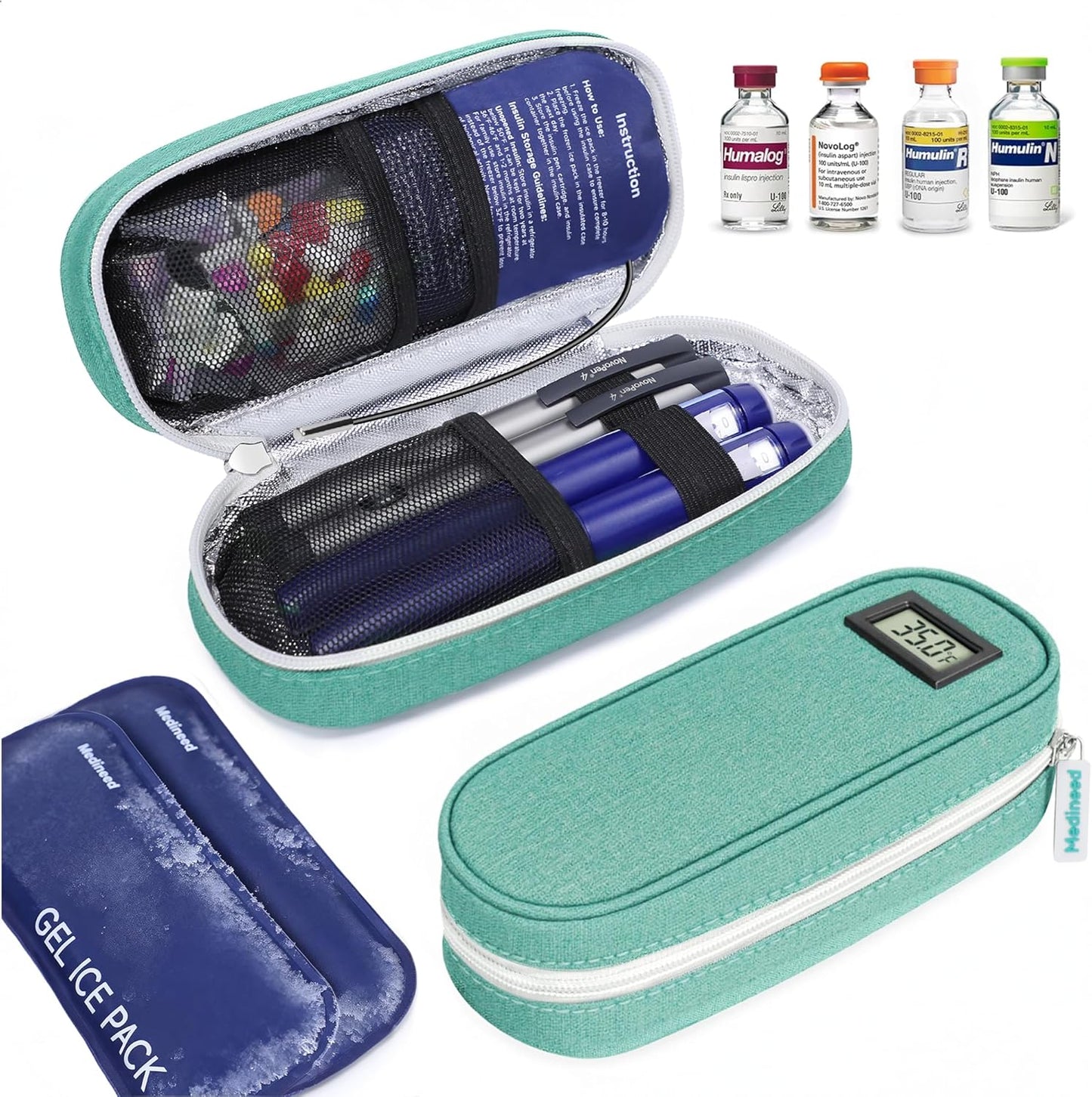 Insulin Cooler Travel Case TSA Approved with Temperature Display – Diabetic Medication Travel Case with 2 × 90g Ice Packs, Portable Medicine Organizer for 3–4 Insulin Pens and Diabetic Supplies(Green)