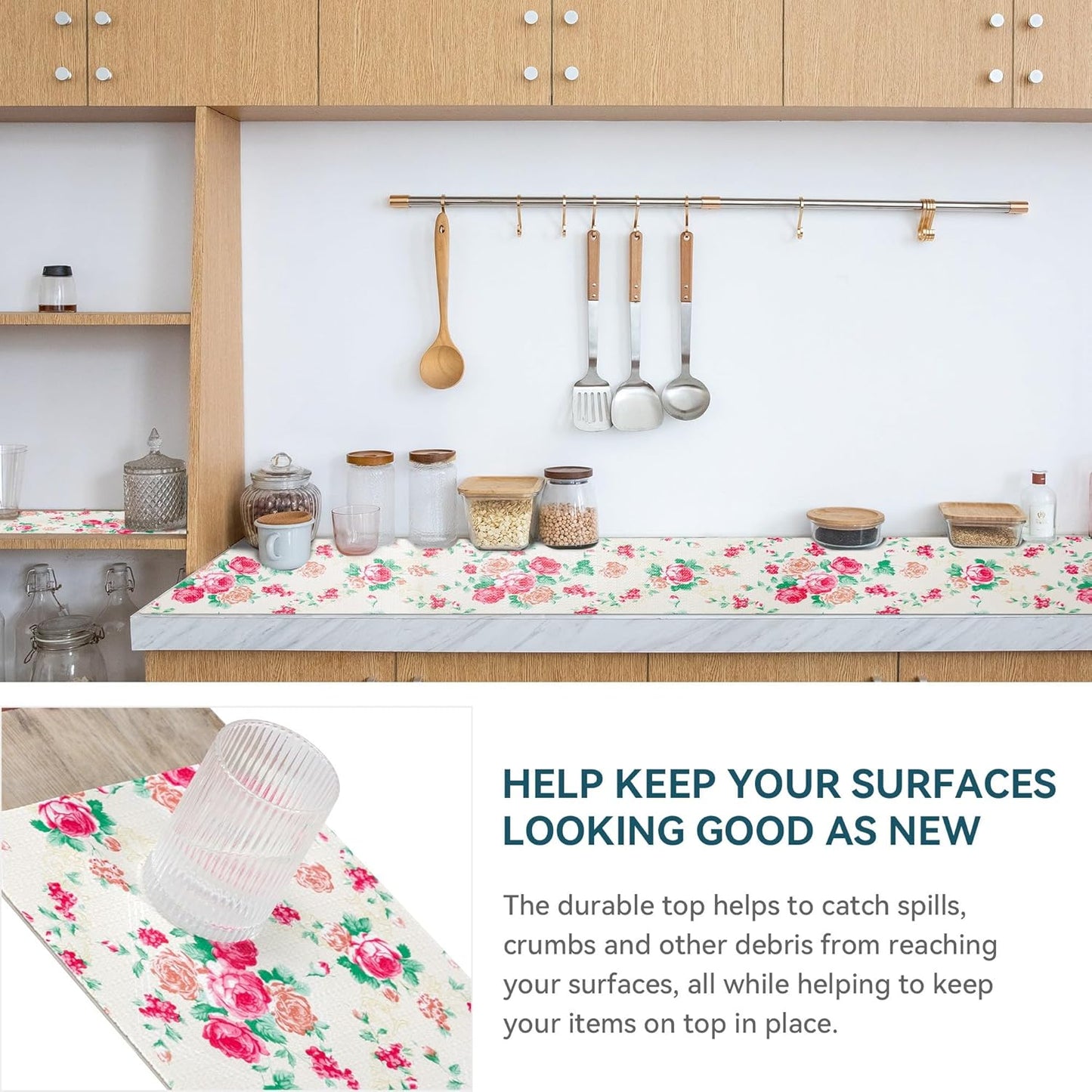 12" W x 60" L Floral Drawer and Shelf Liner for Cabinets, Non-Adhesive Strong Grip Non-Slip Flower Shelf Cabinet Kitchen Shelf Liners for Kitchen Cabinets