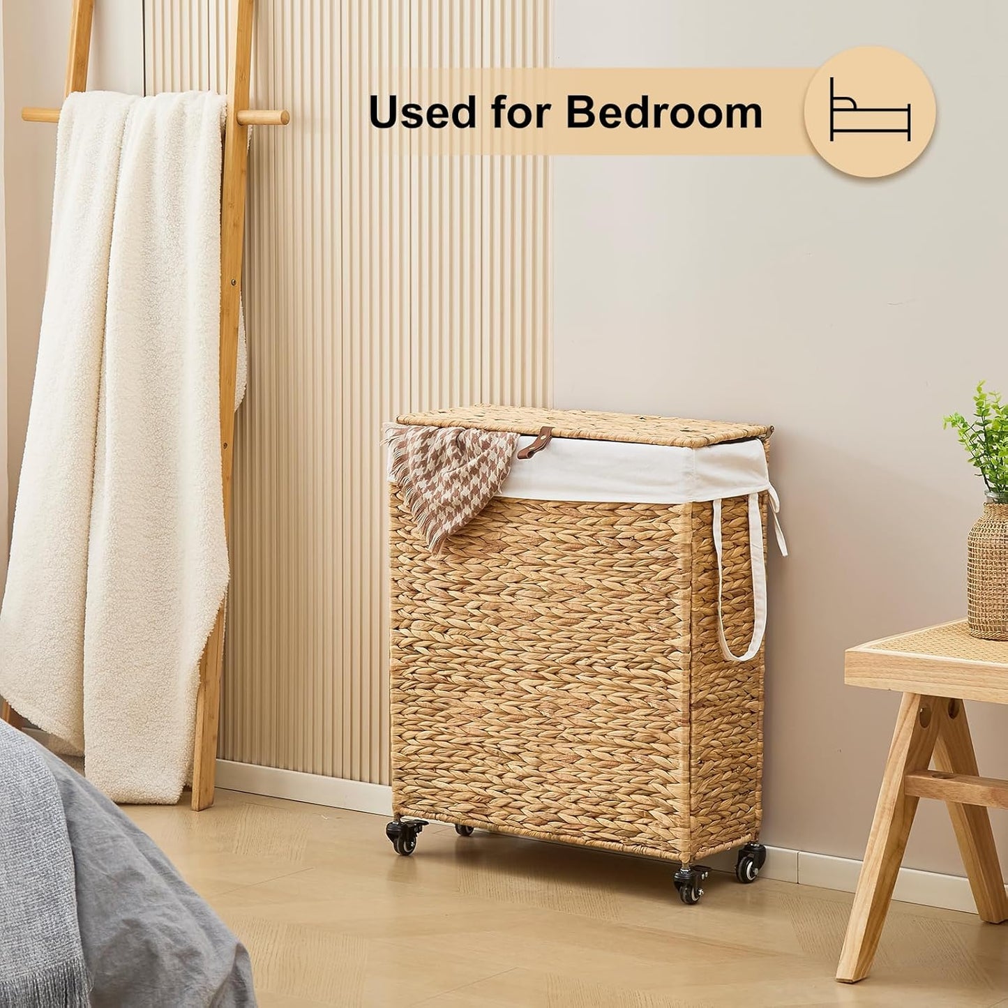 Rolling Laundry Hamper with Lid and Wheels, Slim Laundry Basket with Removable Liner Bag & 2 Mesh Bags, Handwoven Water Hyacinth Clothes Hamper for Bedroom Bathroom (Natural, 85L)