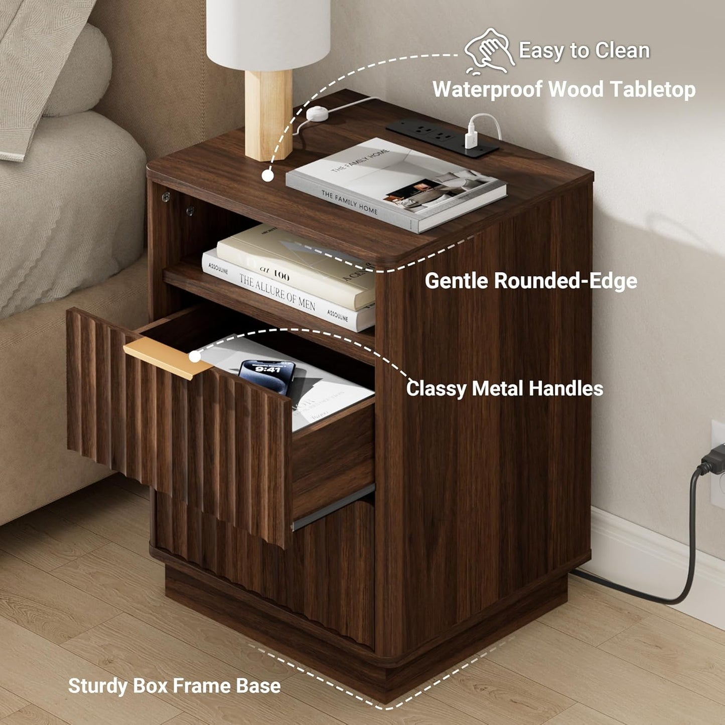 Fluted Night Stand Set of 2 with Charging Station, 18 inch Mid-Century Modern Nightstand, 2 Drawers End Table with Storage, Bedside Table for Bedroom Home Office, Curved Profile, Walnut